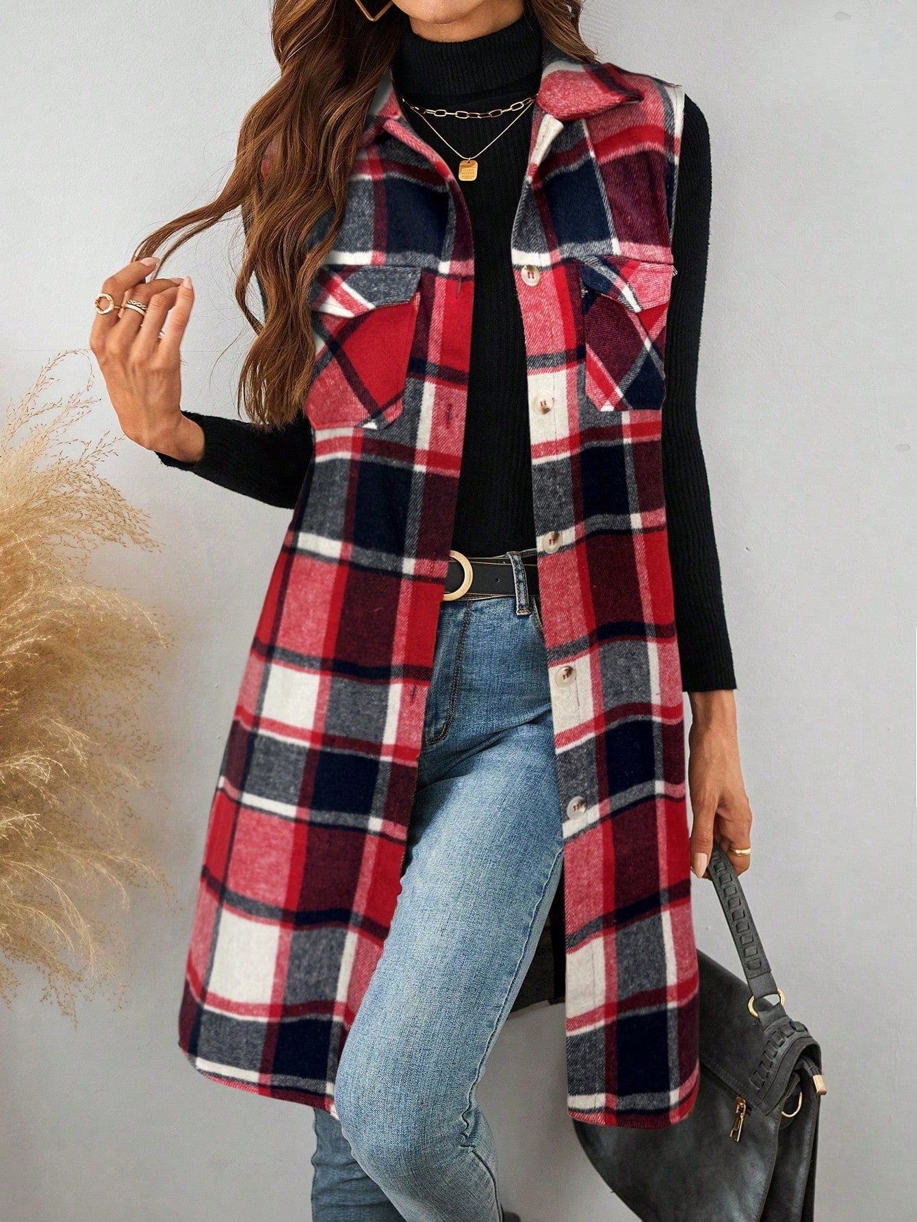 LUNE Plaid Pocket Sleeveless Casual Women Vest Jacket