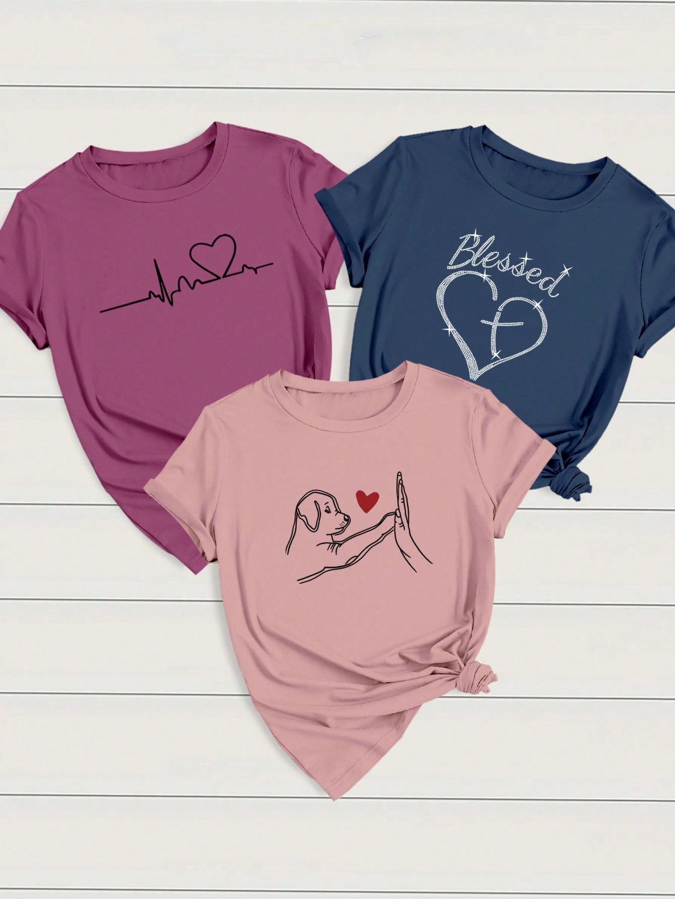 INAWLY  LUNE 3pcs/Set Women's Casual Outfit With Heart, ECG, And Letter Graphic Short Sleeve T-Shirt Graphic Tees Women Tops