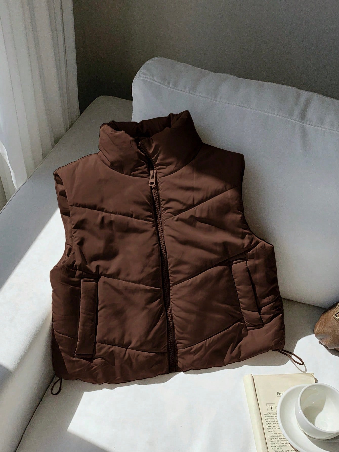 Comfortcana Winter Zip Up Double Face Snap Button Corduroy Drawstring Puffer Vest Coat