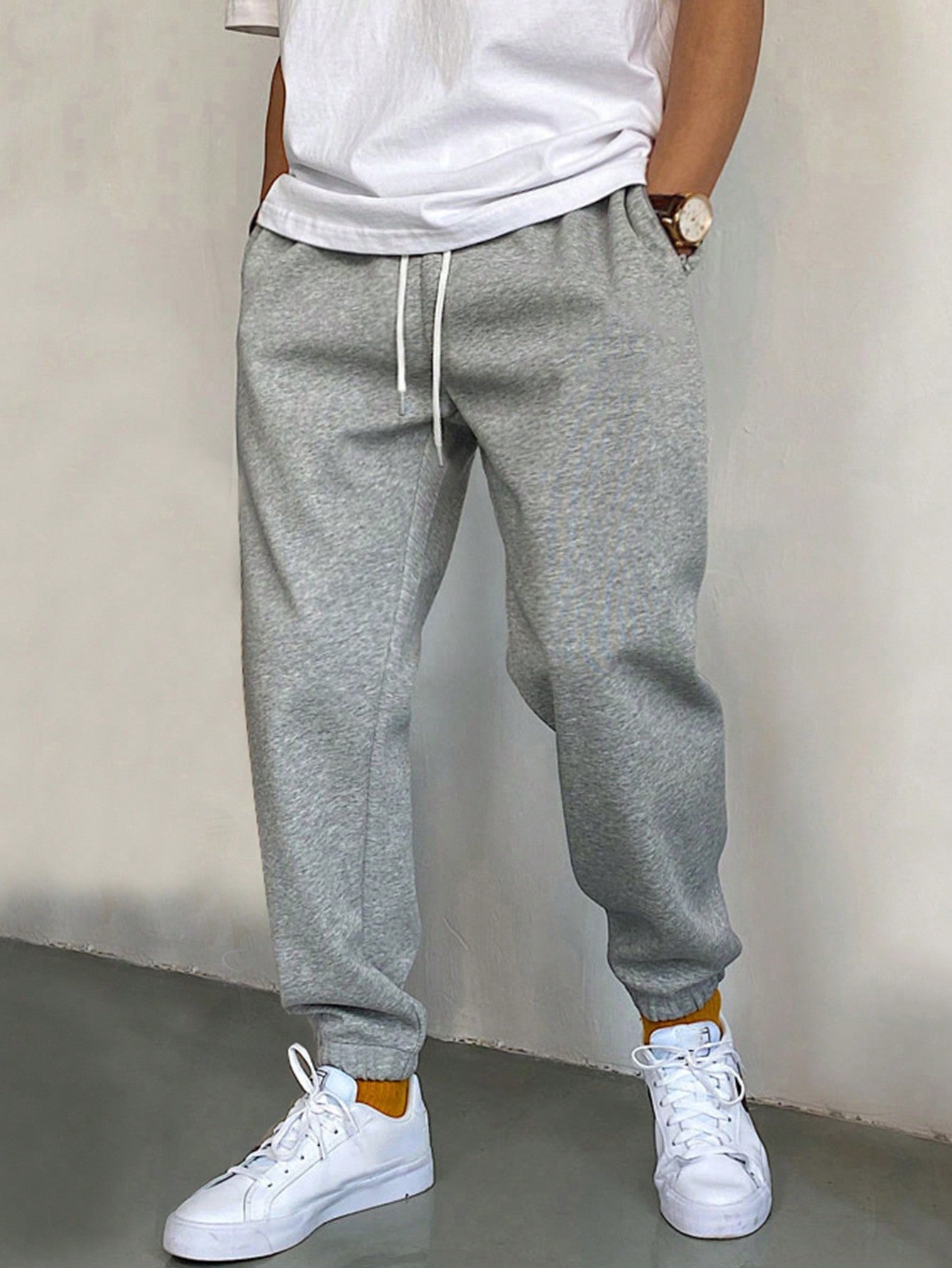 Manfinity Homme Men Slant Pocket Drawstring Waist Sweatpants Long Jogging Pants Plain Light Grey Going Out Casual