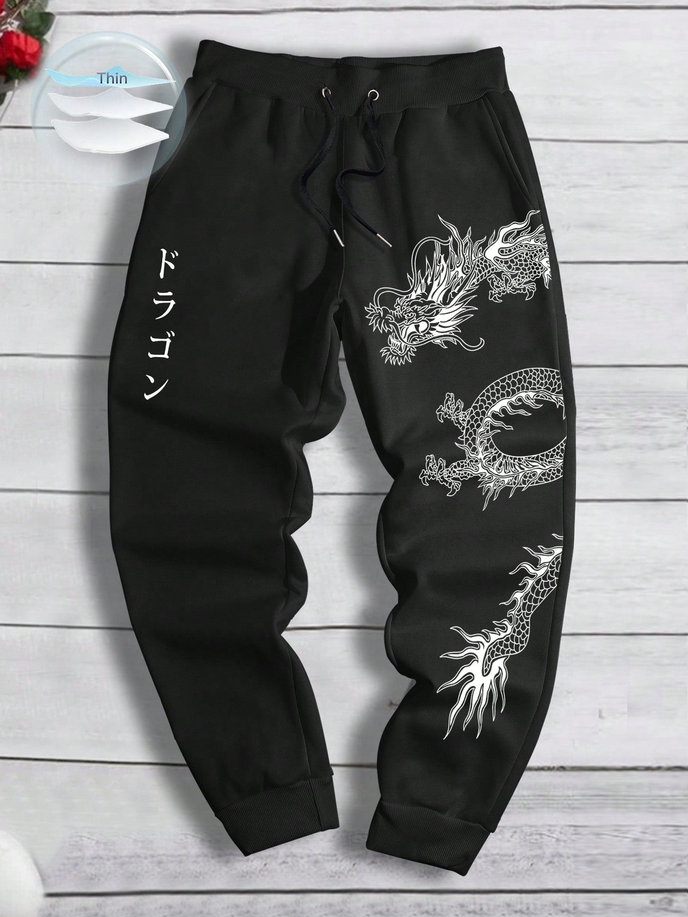 Manfinity EMRG Men's Loose Drawstring Jogger Pants With Japanese Characters And Dragon Pattern