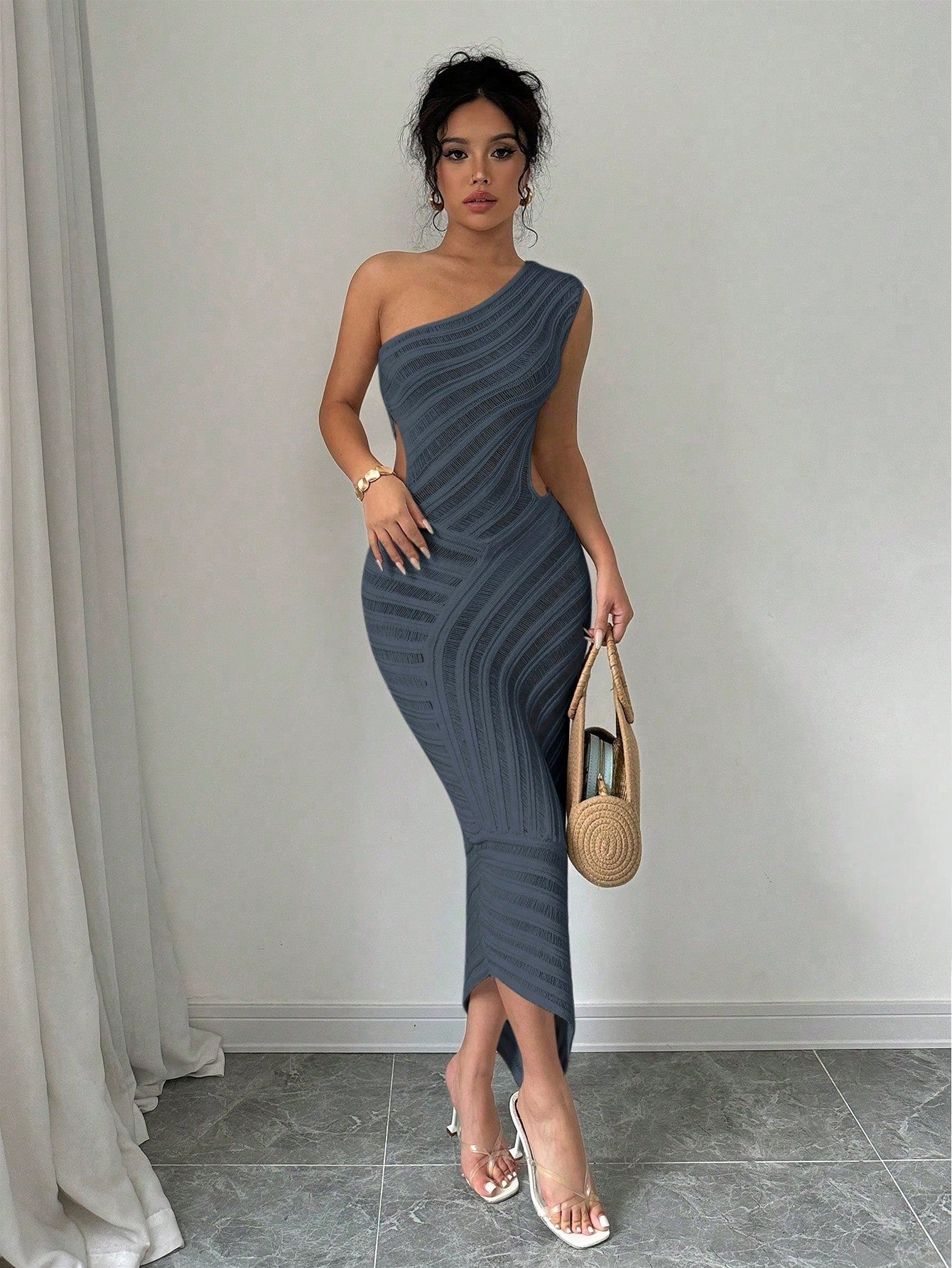 Raffinéa Solid Color Asymmetric Neckline Hollow Out Sleeveless Knit Dress