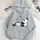 Qutie Panda Print Kangaroo Pocket Drawstring Thermal Hoodie,Long Sleeve Tops