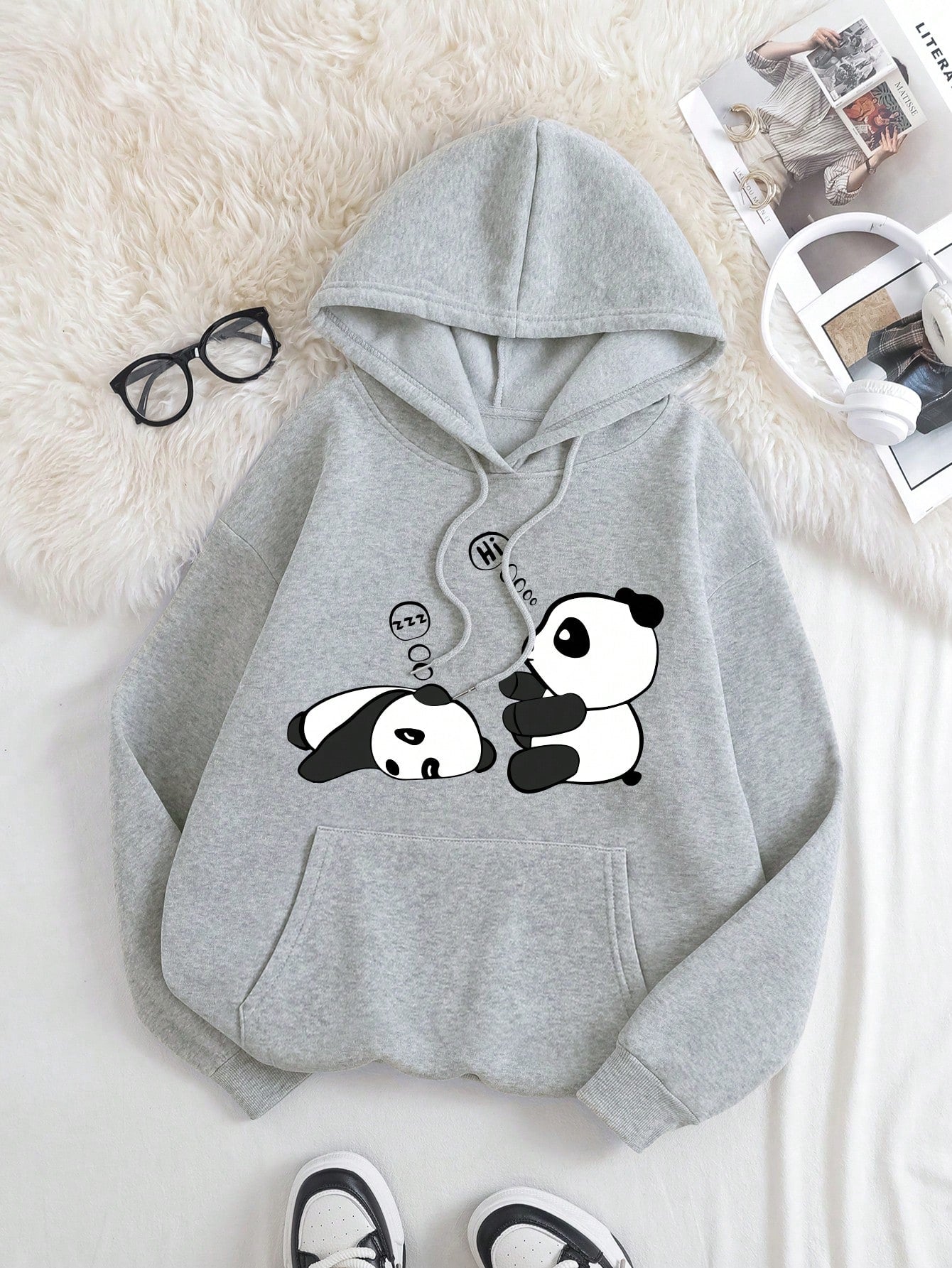 Qutie Panda Print Kangaroo Pocket Drawstring Thermal Hoodie,Long Sleeve Tops