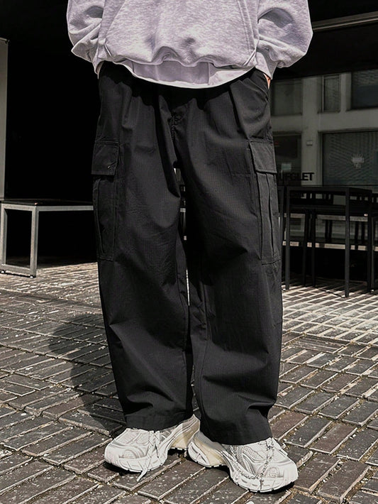 DAZY Men Casual Street Trendy Solid Color Flap Pocket Loose Wide Leg Cargo Pants