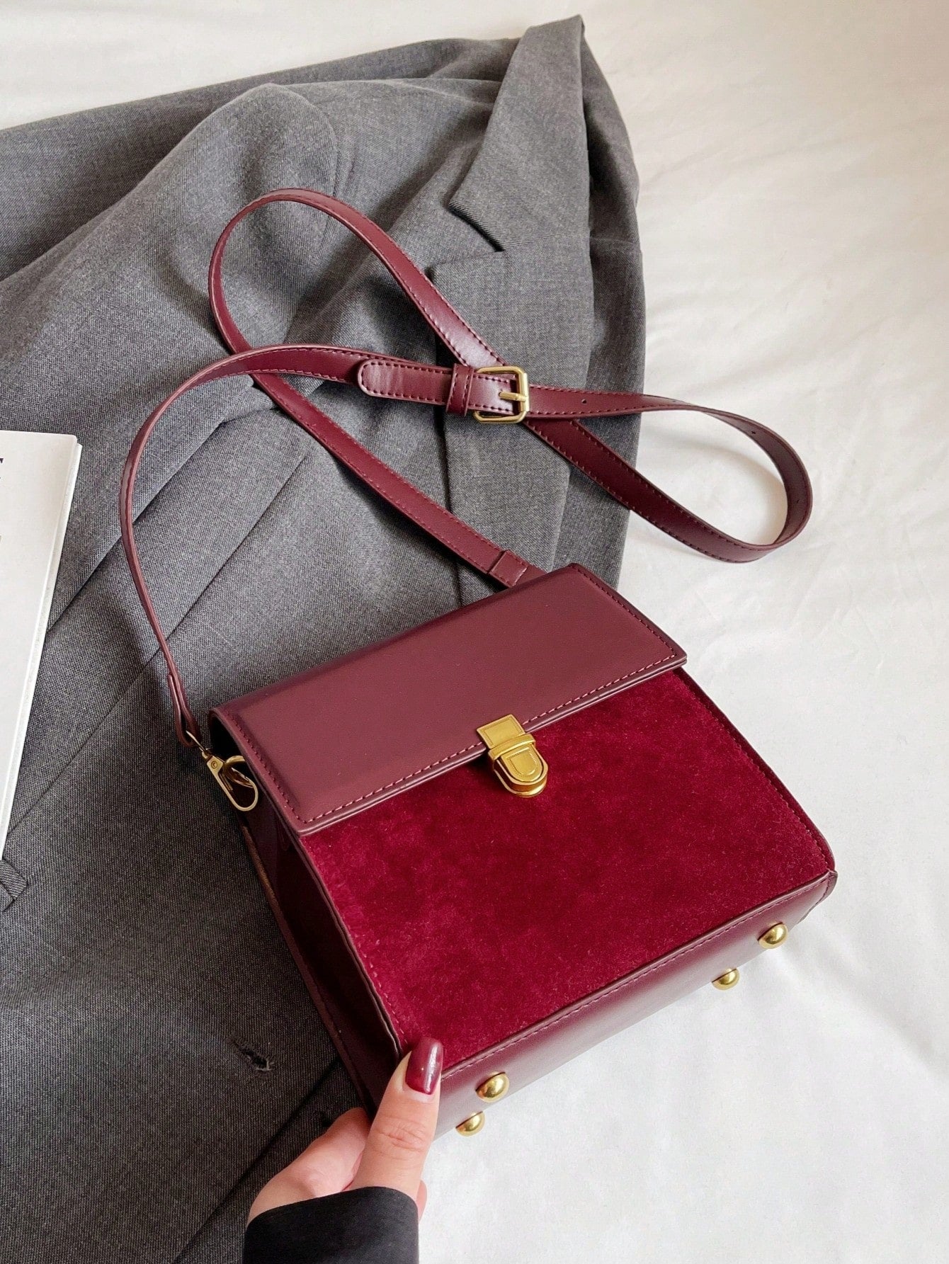 Mini Push Button Flap Square Bag Solid Color Leather Crossbody Bags For Women Shoulder Messenger Bag Lady Handbags Square Female Purses, Burgundy Bag