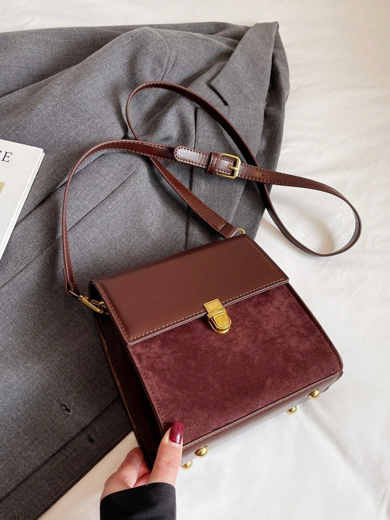 Mini Push Button Flap Square Bag Solid Color Leather Crossbody Bags For Women Shoulder Messenger Bag Lady Handbags Square Female Purses, Burgundy Bag