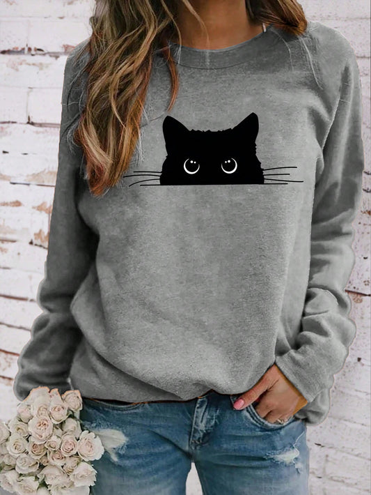 LUNE Women Cat Pattern Print Crew Neck Long Sleeve Casual T-Shirt, Autumn/Winter Graphic Tees Women Tops For Spring Outfit