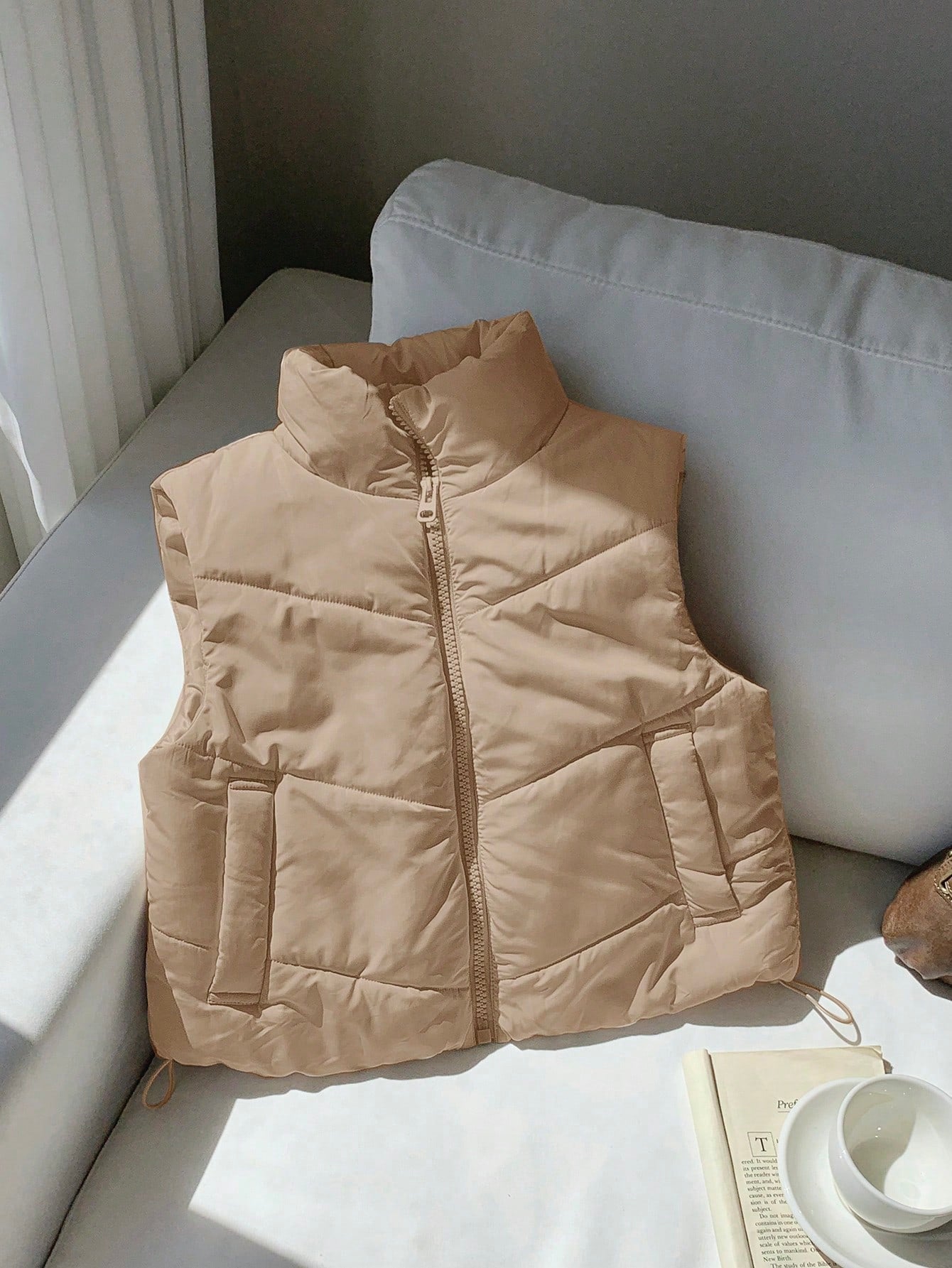 Comfortcana Winter Zip Up Double Face Snap Button Corduroy Drawstring Puffer Vest Coat