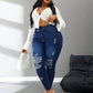 SXY Plus Size Women Denim Stretchy Blue Asymmetric Waistband Fashion Distressed Skinny Pants