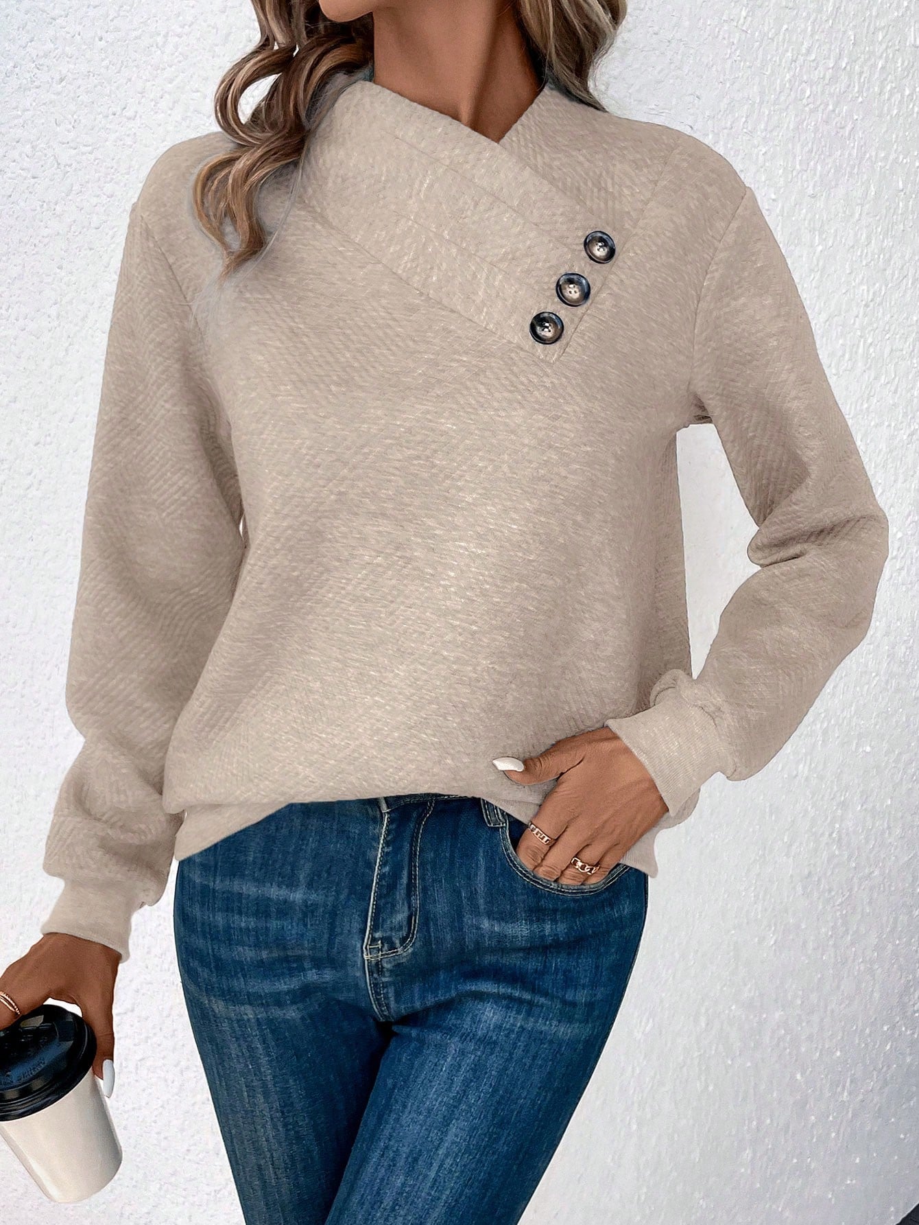 EMERY ROSE Button Detail Asymmetrical Neck Drop Shoulder Sweatshirt,Long Sleeve Tops