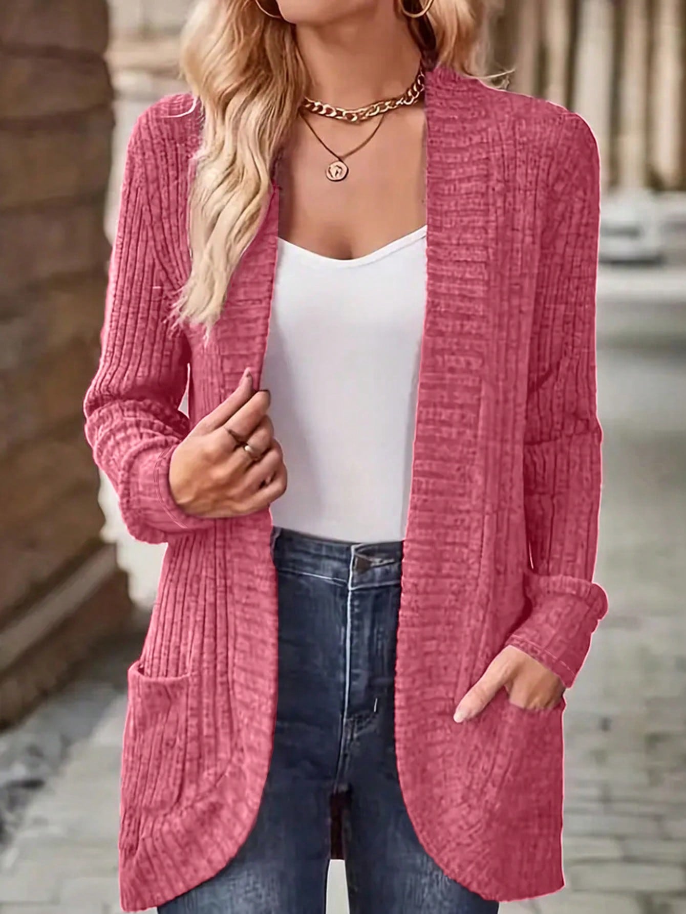 EMERY ROSE Women's Casual Knitted Ribbed Thin Jacket For Autumn