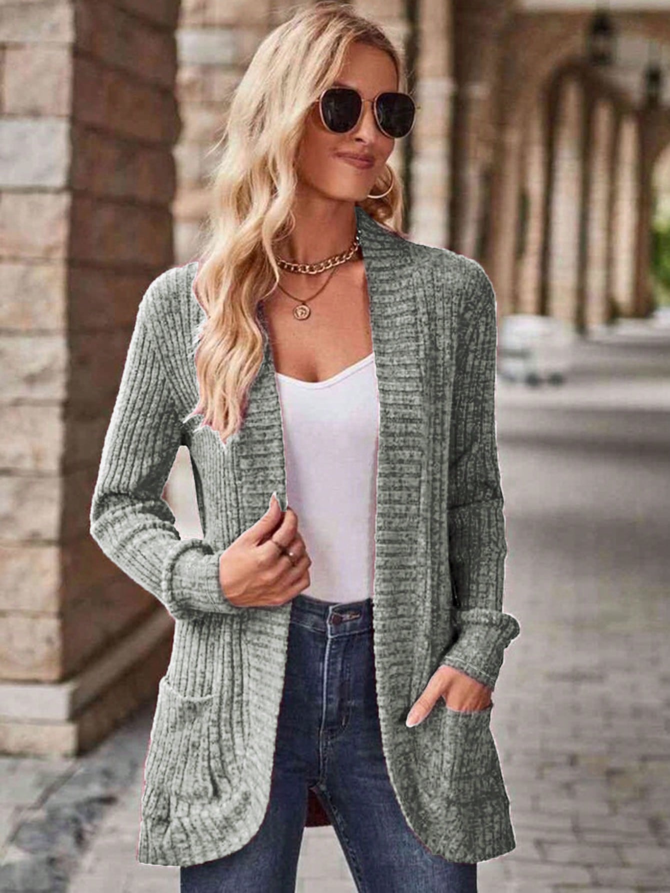 EMERY ROSE Women's Casual Knitted Ribbed Thin Jacket For Autumn