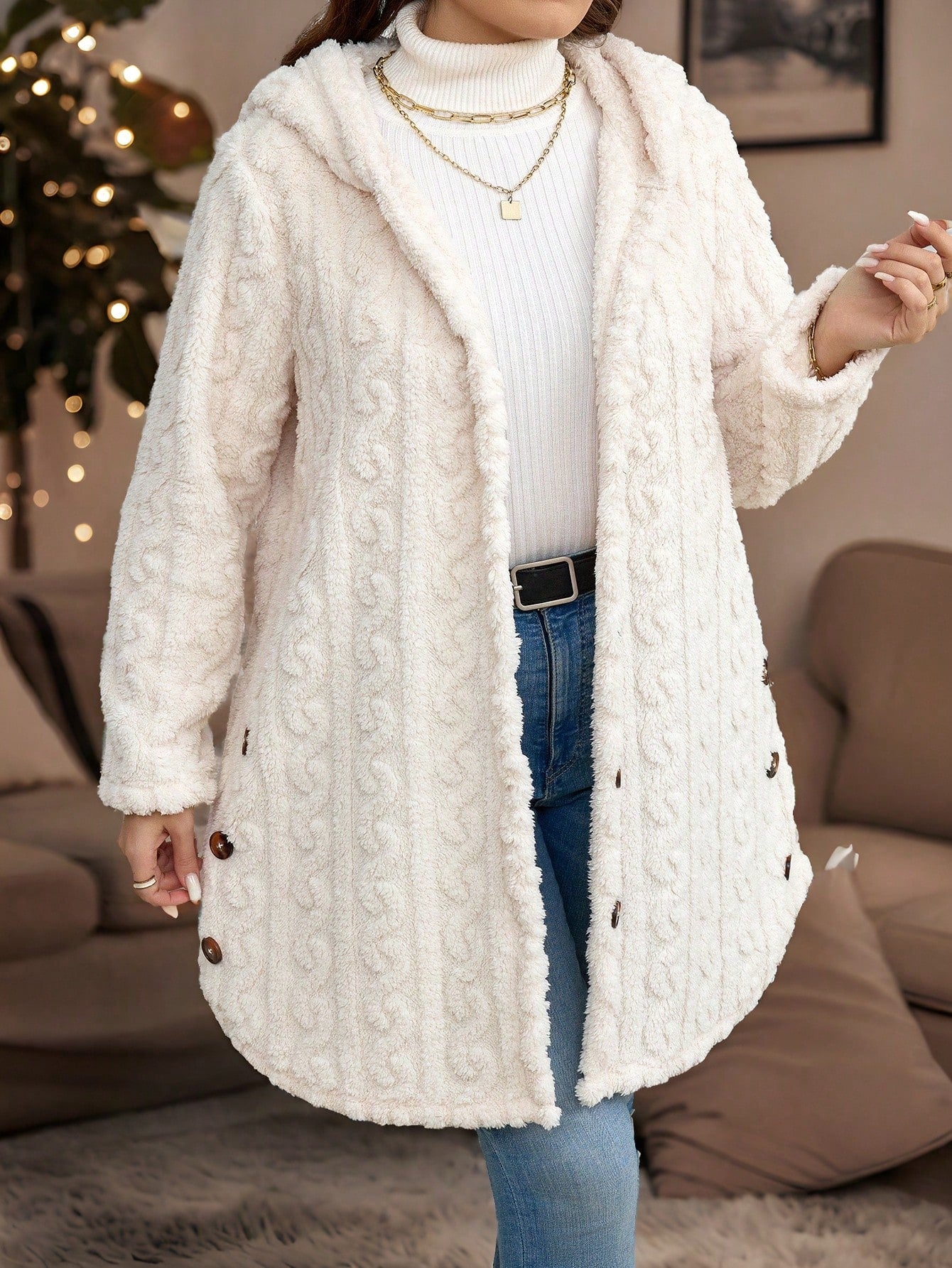 EMERY ROSE Textured Plush Warm Comfortable Button Decorated Hooded Plus Size Jacket Winter Clothes