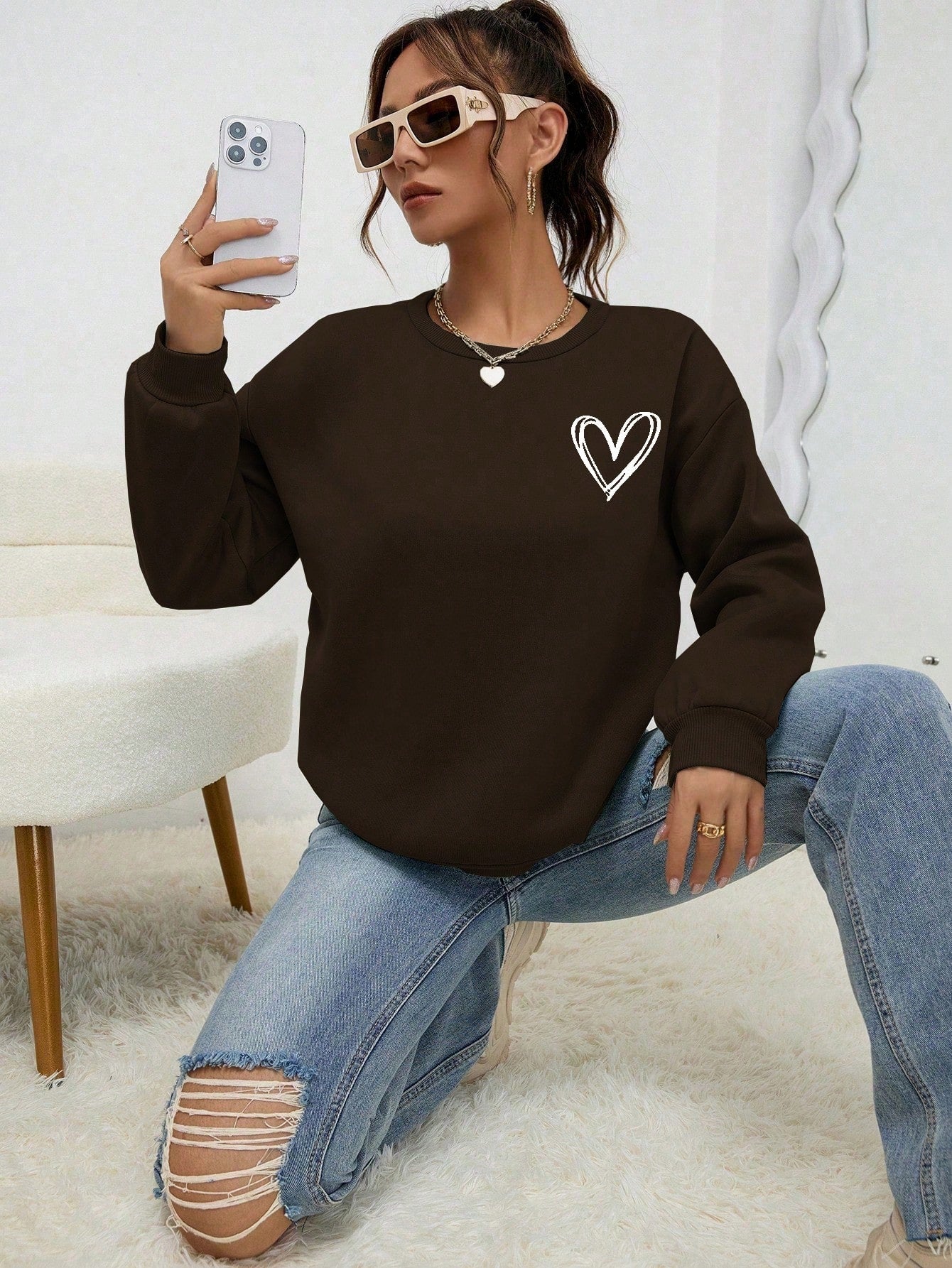 INAWLY Heart Print Drop Shoulder Sweatshirt,Long Sleeve Tops