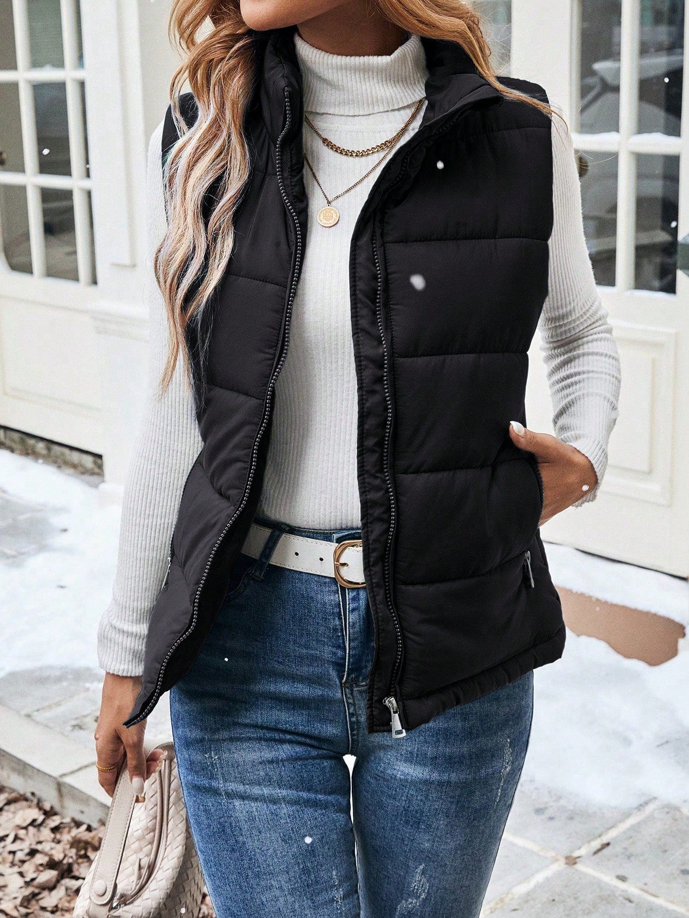 Raffinéa Plain Sleeveless Front Zip Simple Casual Puffer Vest