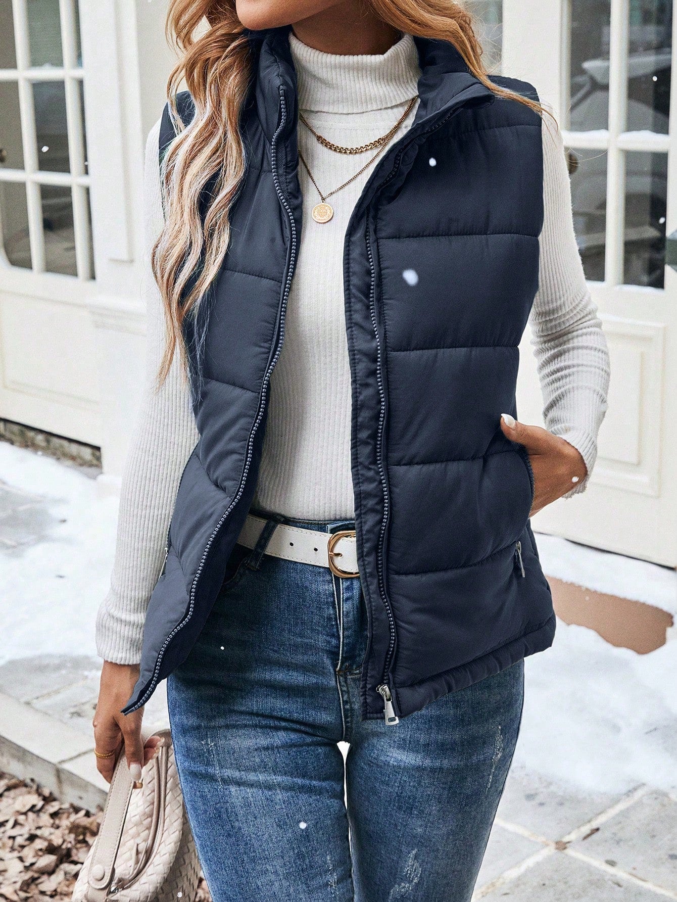 Raffinéa Plain Sleeveless Front Zip Simple Casual Puffer Vest