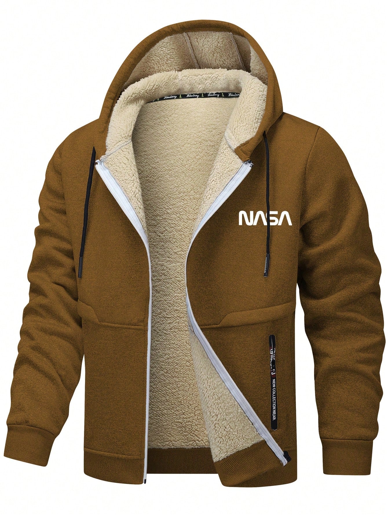 Men's Casual Sherpa Lined Letter Print Drawstring Hooded Jacket, Autumn/Winter