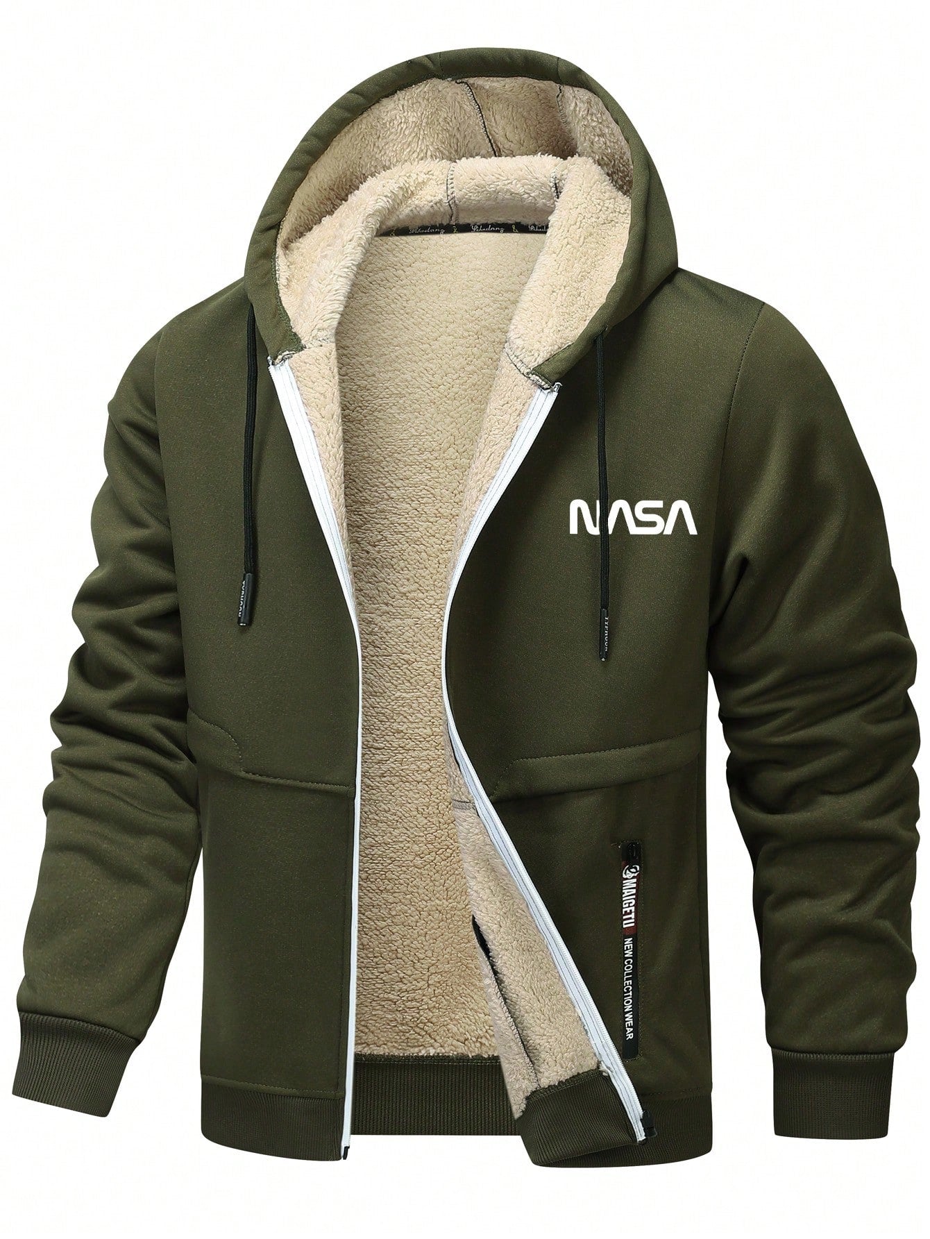 Men's Casual Sherpa Lined Letter Print Drawstring Hooded Jacket, Autumn/Winter