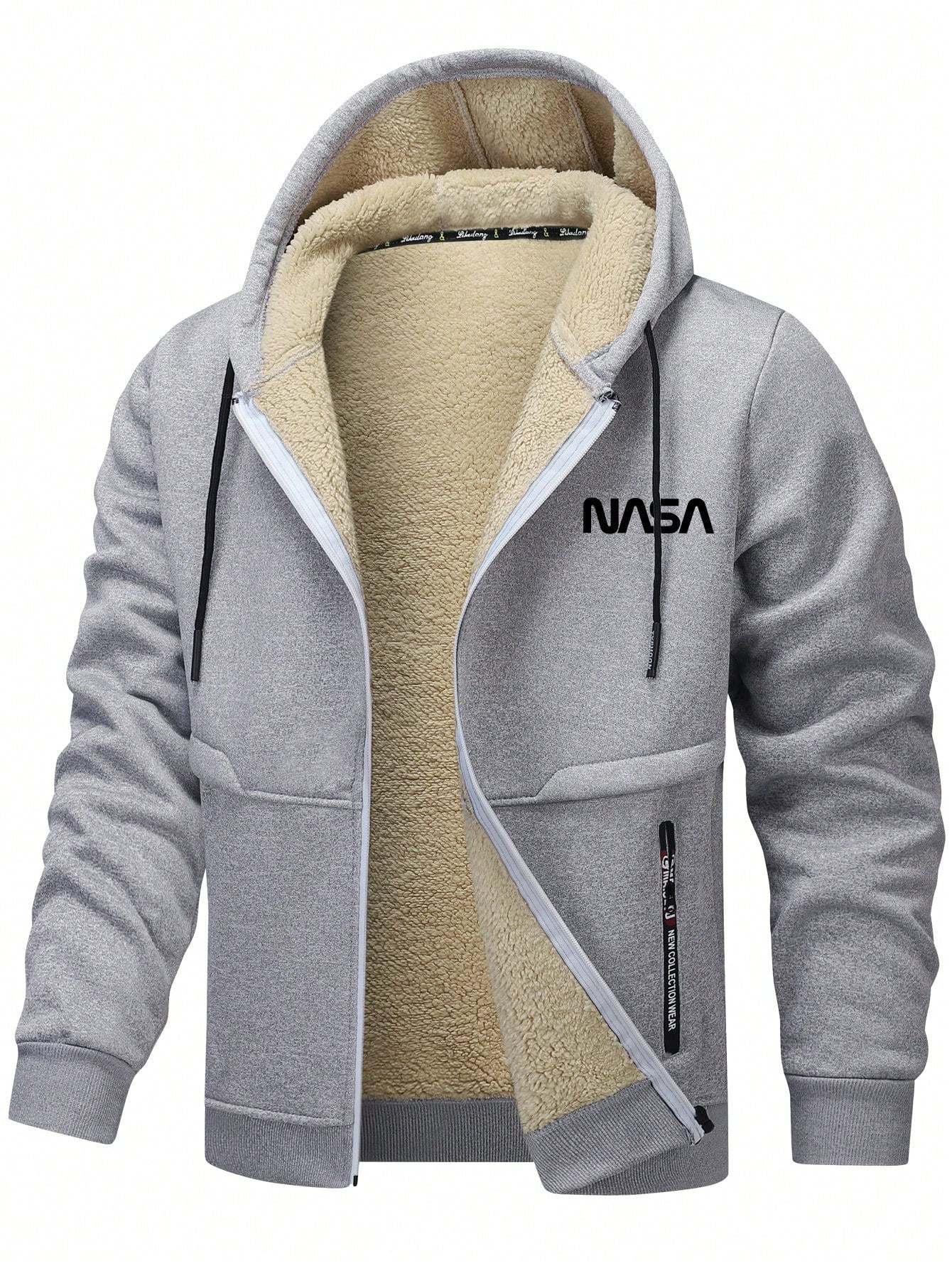 Men's Casual Sherpa Lined Letter Print Drawstring Hooded Jacket, Autumn/Winter