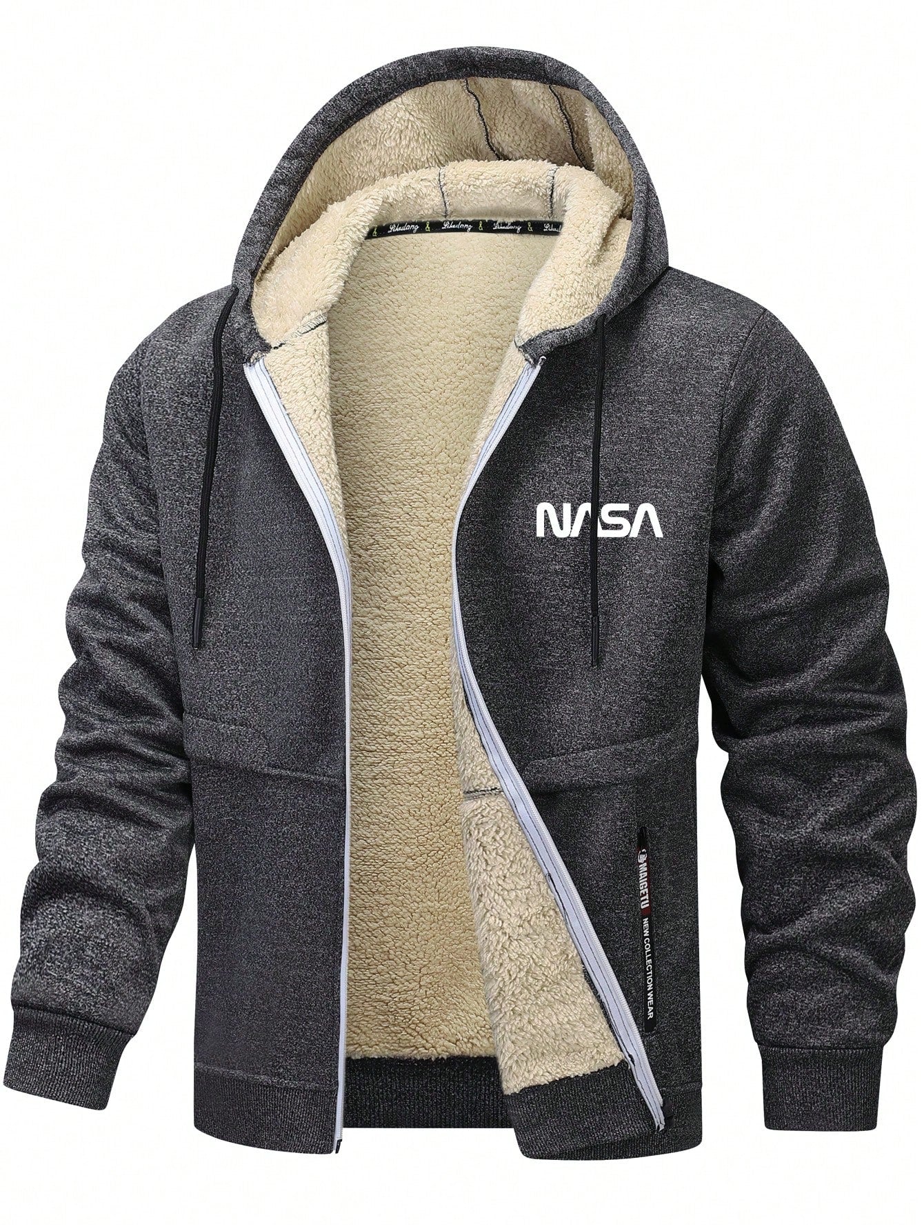 Men's Casual Sherpa Lined Letter Print Drawstring Hooded Jacket, Autumn/Winter