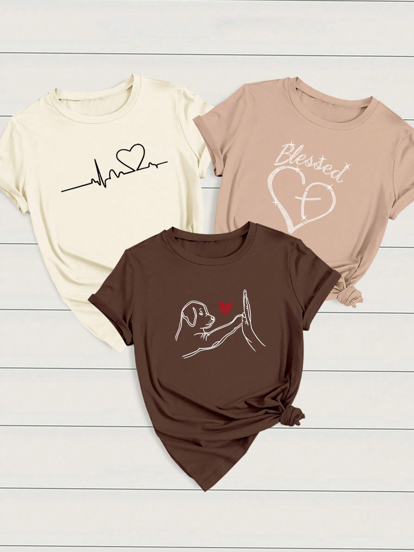 INAWLY  LUNE 3pcs/Set Women's Casual Outfit With Heart, ECG, And Letter Graphic Short Sleeve T-Shirt Graphic Tees Women Tops