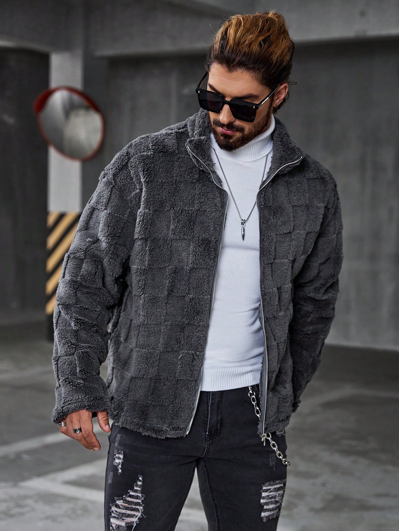 Manfinity Roghcode Men's Casual Plush Zip-Up Warm Jacket, Suitable For Daily Wear In Autumn/Winter, Going Out Warm Long Sleeve Jacket, For Friends, Husband, Boyfriend Gifts