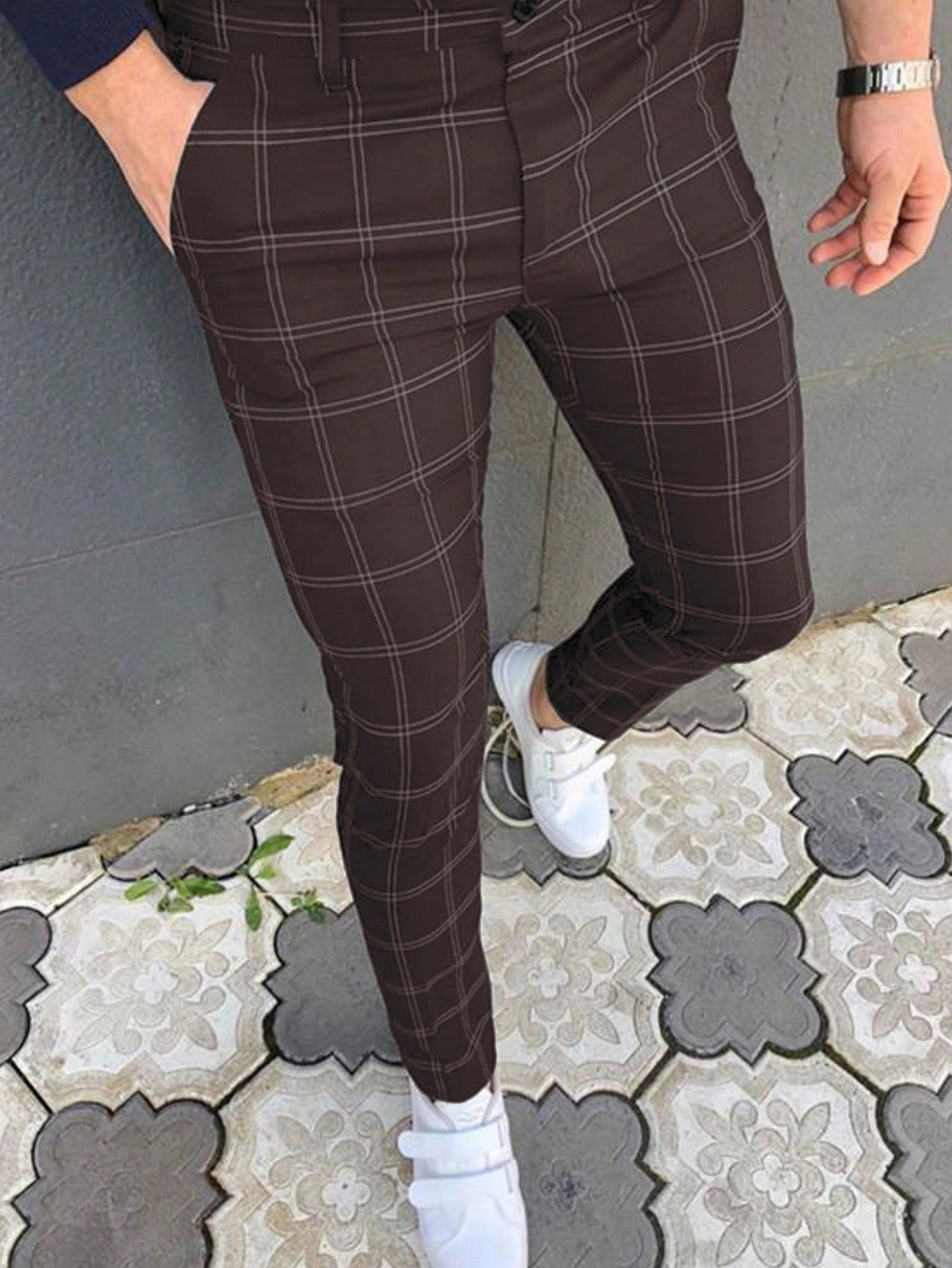 2025 Fashion Stretch Waist Plaid Casual Pants For Men, Slim Fit Design With Oblique Pockets, All Season