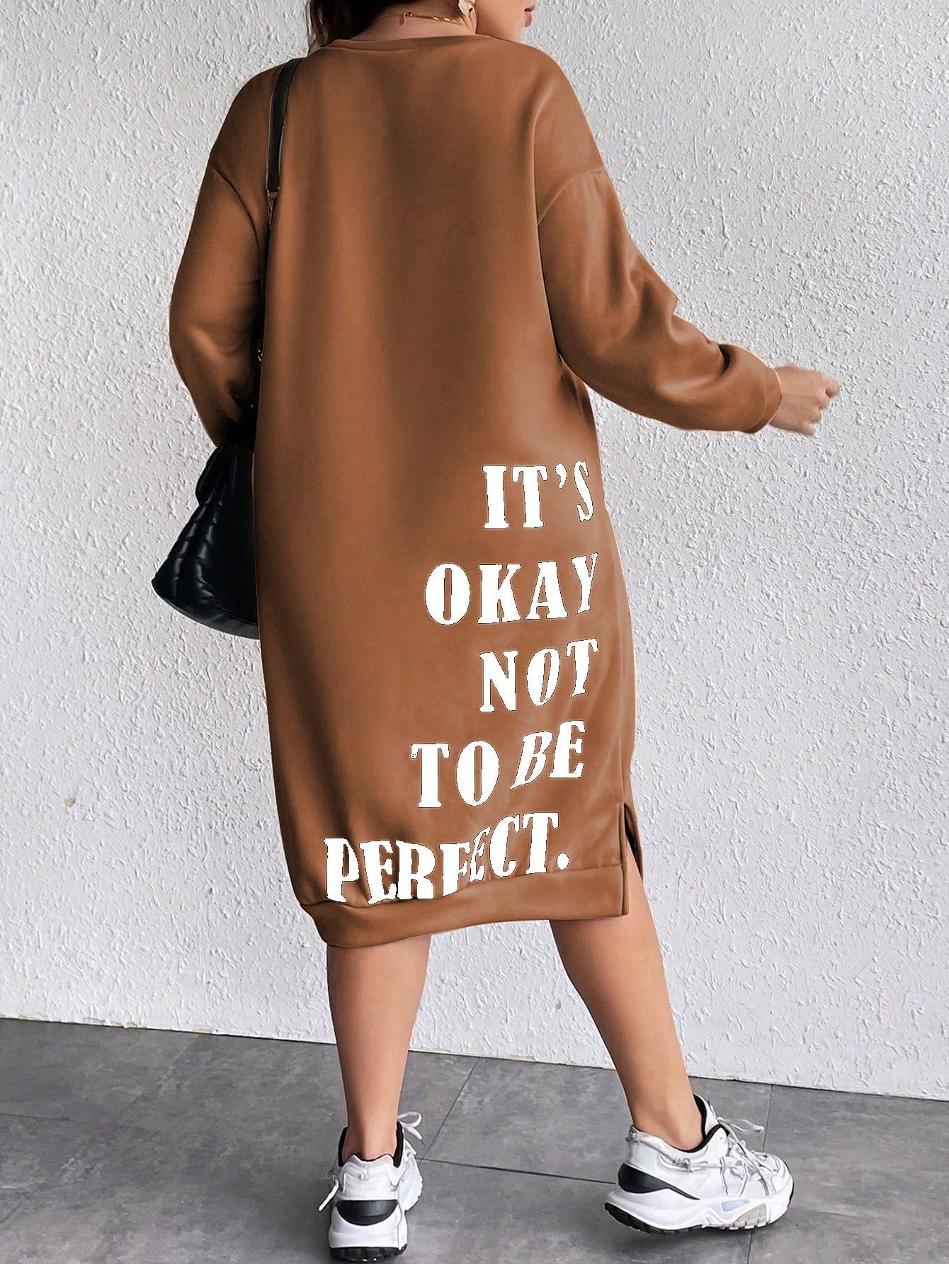 Women's Plus Size Slogan Printed Slit Drop Shoulder Sweatshirt Dress