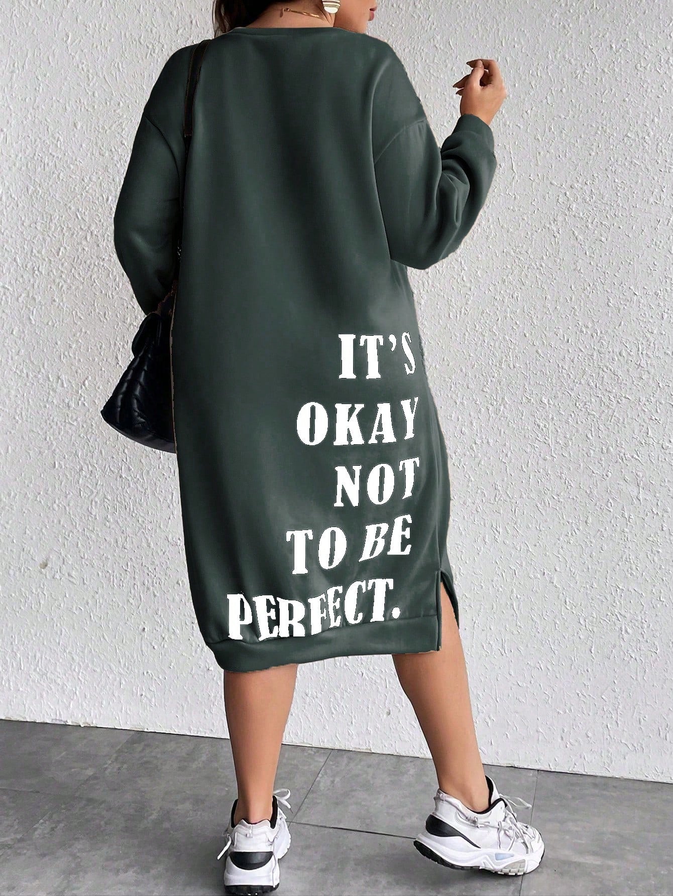 Women's Plus Size Slogan Printed Slit Drop Shoulder Sweatshirt Dress