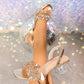 Women's Elegant Fashion Champagne Shiny Glitter Diamond Decor Transparent Square Toe Ankle Strap Chunky Heel Sandals, Gorgeous High Heeled Sandals Suitable For Parties, Weddings, Banquets And Outdoor Activities