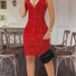 Glamorous Sexy Red Deep V-Neck Spaghetti Strap Backless Split Front Bodycon Party Dress, Shiny Gala Cocktail Dress For Women