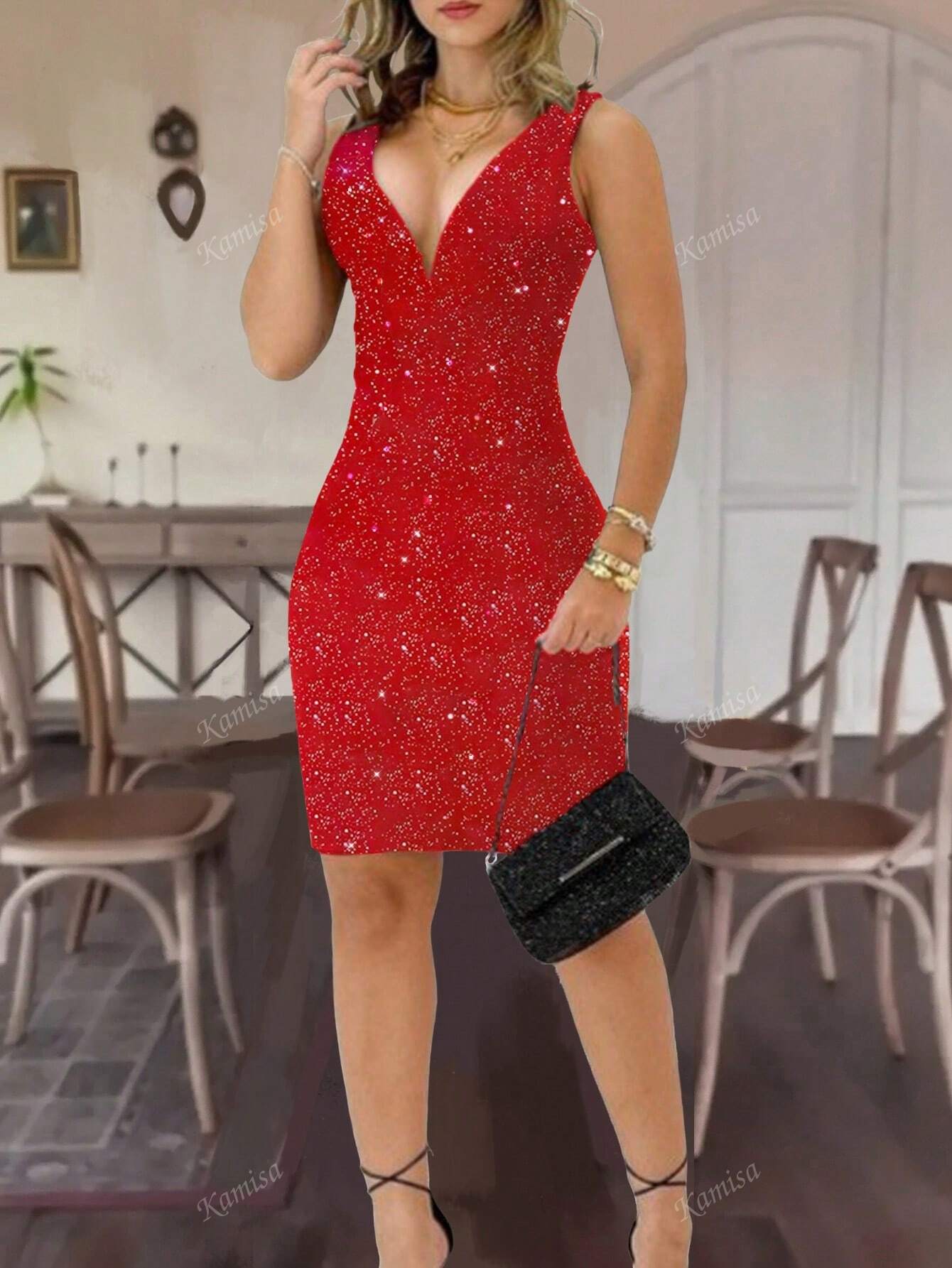 Glamorous Sexy Red Deep V-Neck Spaghetti Strap Backless Split Front Bodycon Party Dress, Shiny Gala Cocktail Dress For Women