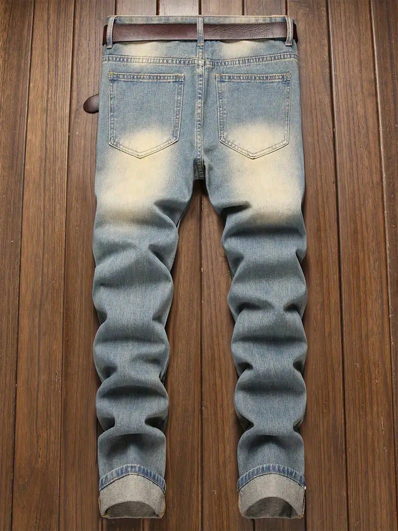 Vintage Style Distressed Men's Street Wear Denim Jeans, Belt Not Included