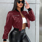 Women's Cropped  PU Leather Long Sleeve Zipper Chic High-End Streetwear Baseball  Jacket,Fall Winter Women Clothes, Bomber Women Jacket