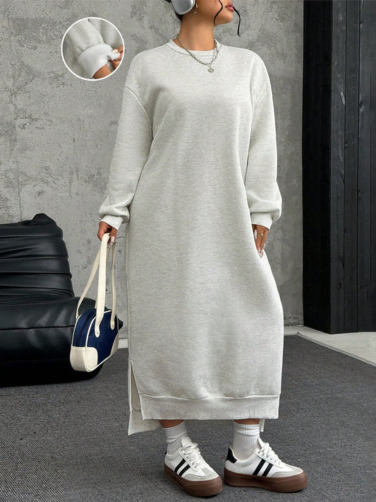 EZwear Plus Size Loose Long Thermal Lined Casual Sweatshirt Dress, Autumn/Winter