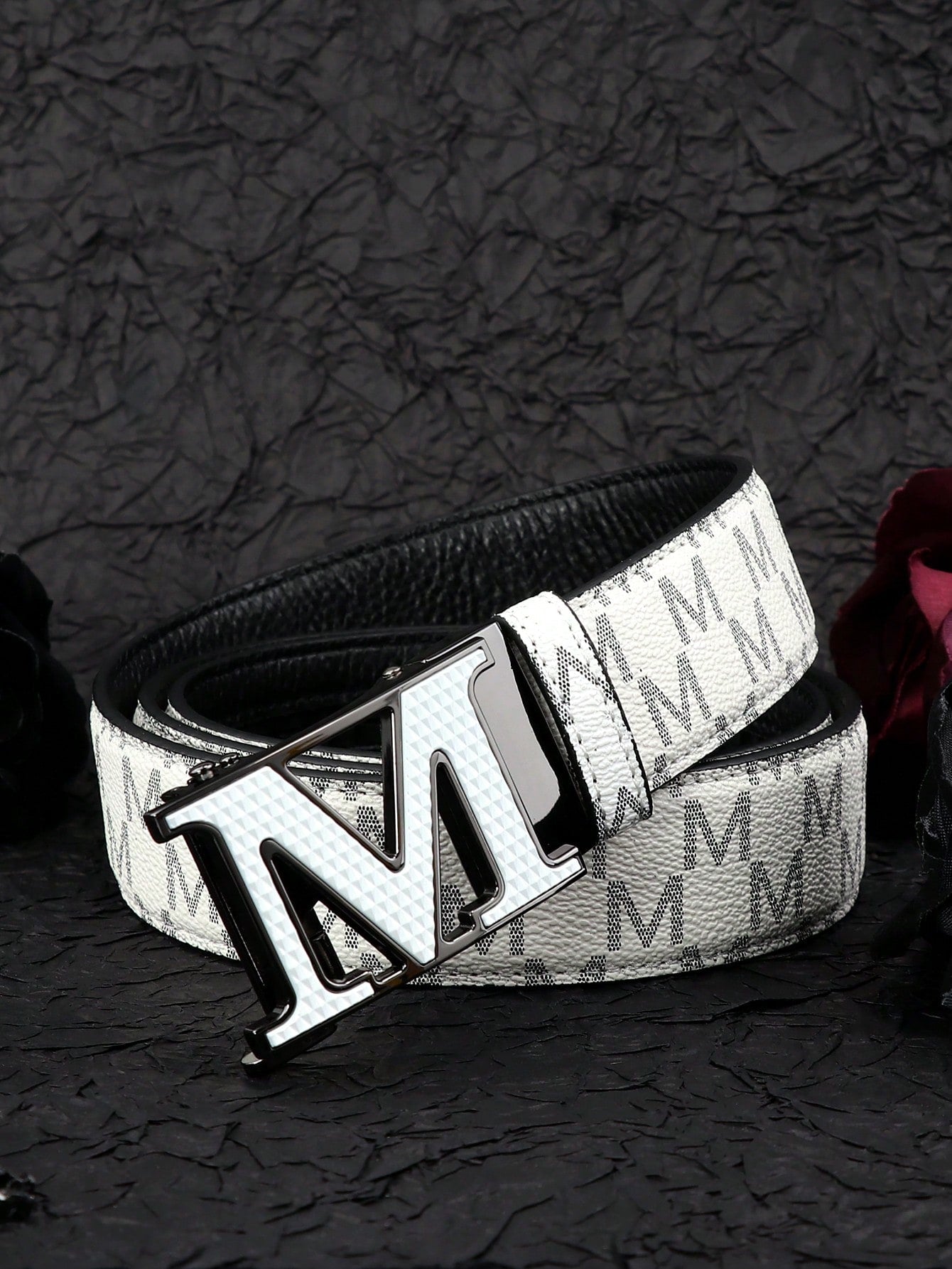 1pc Men's Punk Style Belt, Skull Shape Metal Automatic Buckle Leather Belt, Middle-Aged Street Hip-Hop Pants Belt, Letter M Print Waistband