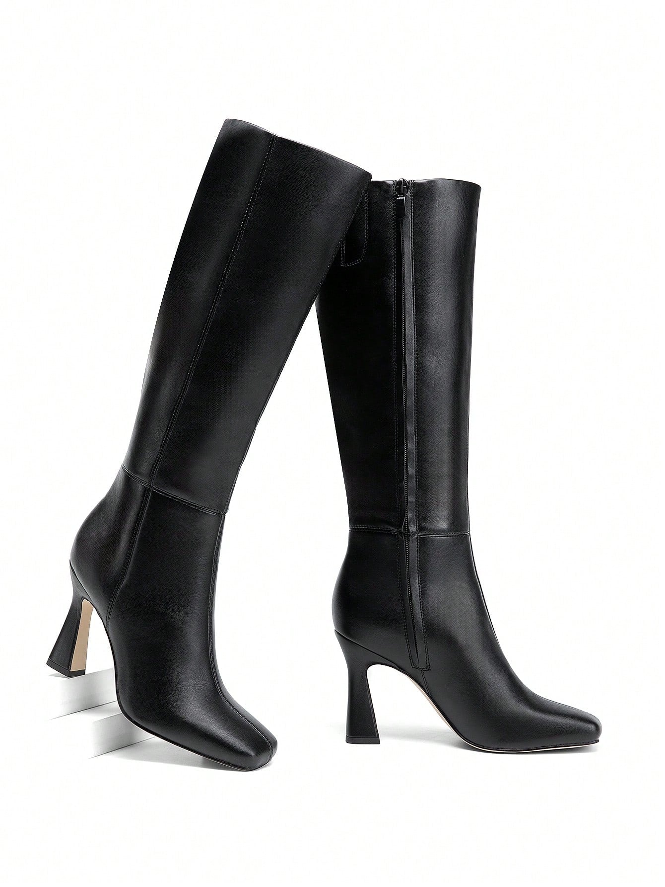 Women's Stiletto Heel Knee-High Boots Square Toe Side Zipper Fashionable Versatile  Black Boots For Dating And Party