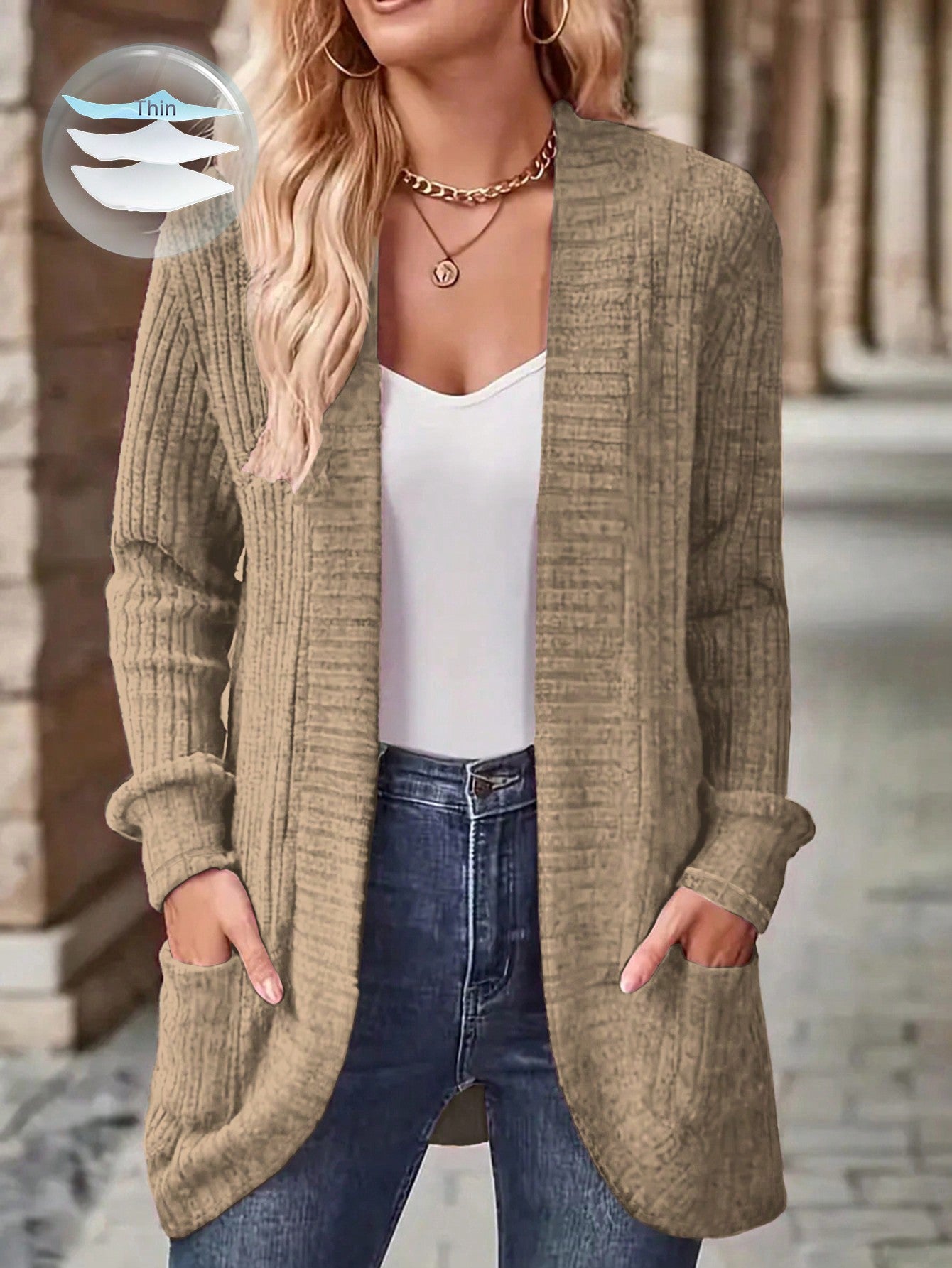 EMERY ROSE Women's Casual Knitted Ribbed Thin Jacket For Autumn