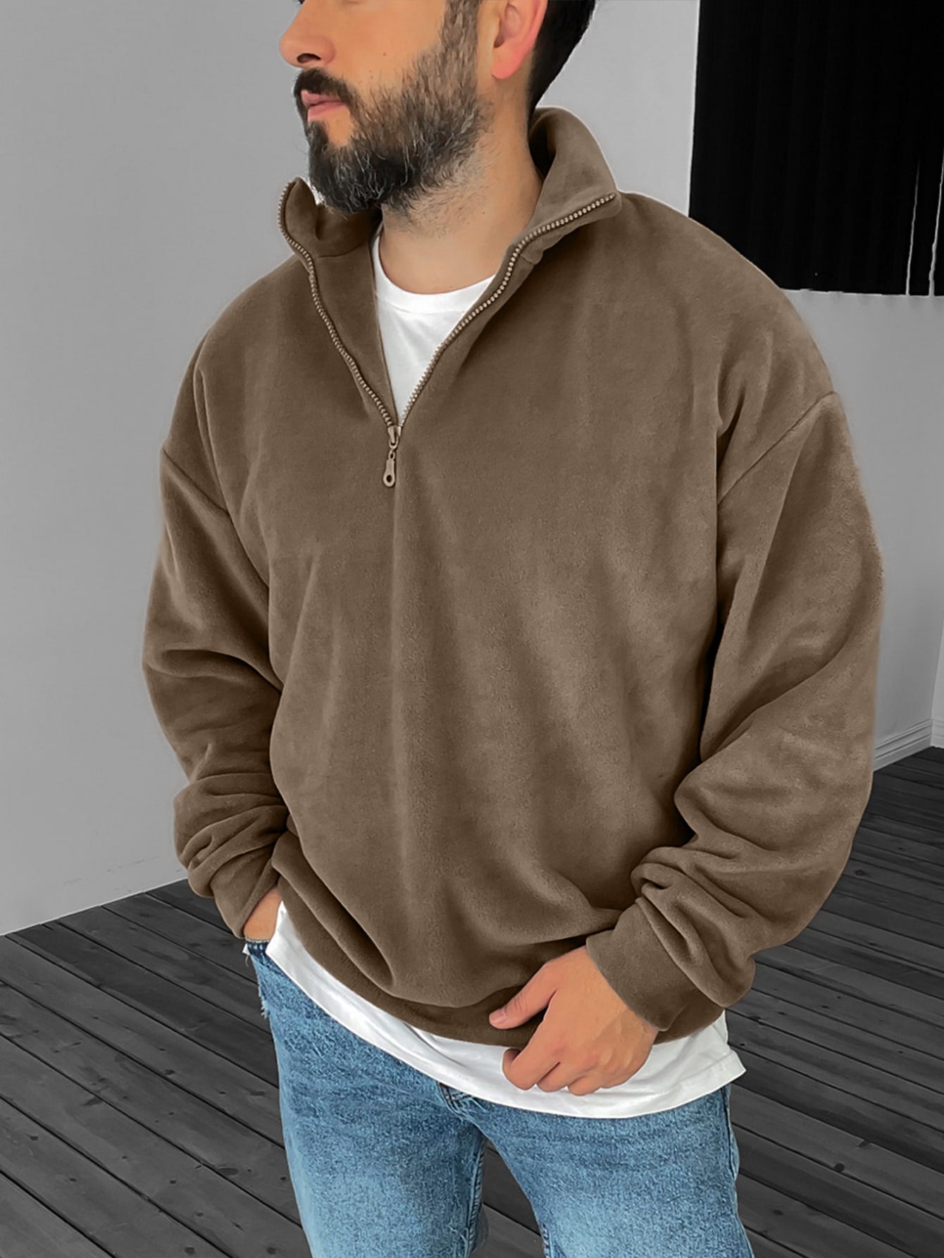 Men's Casual Stand Collar Half Zip Pullover Sweatshirt