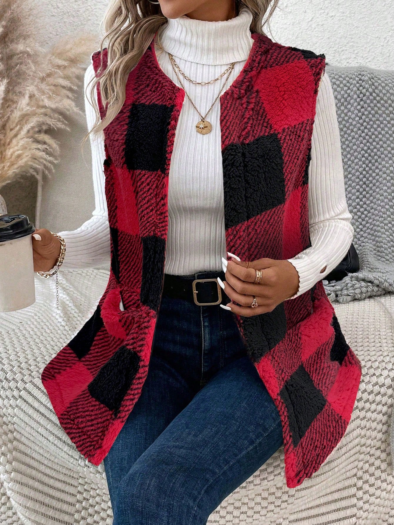 LUNE Buffalo Plaid Print Open Front Teddy Vest Coat