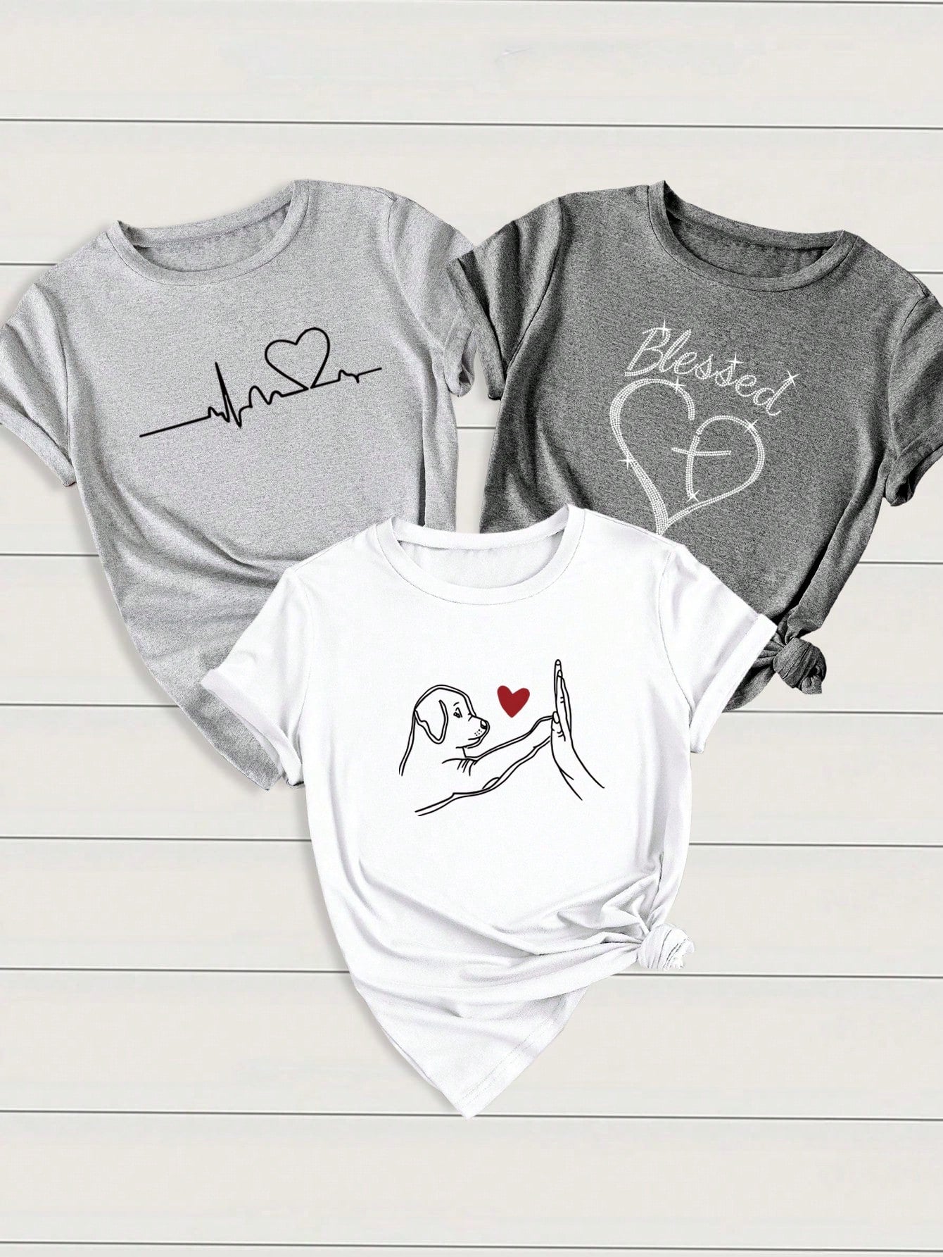 INAWLY  LUNE 3pcs/Set Women's Casual Outfit With Heart, ECG, And Letter Graphic Short Sleeve T-Shirt Graphic Tees Women Tops