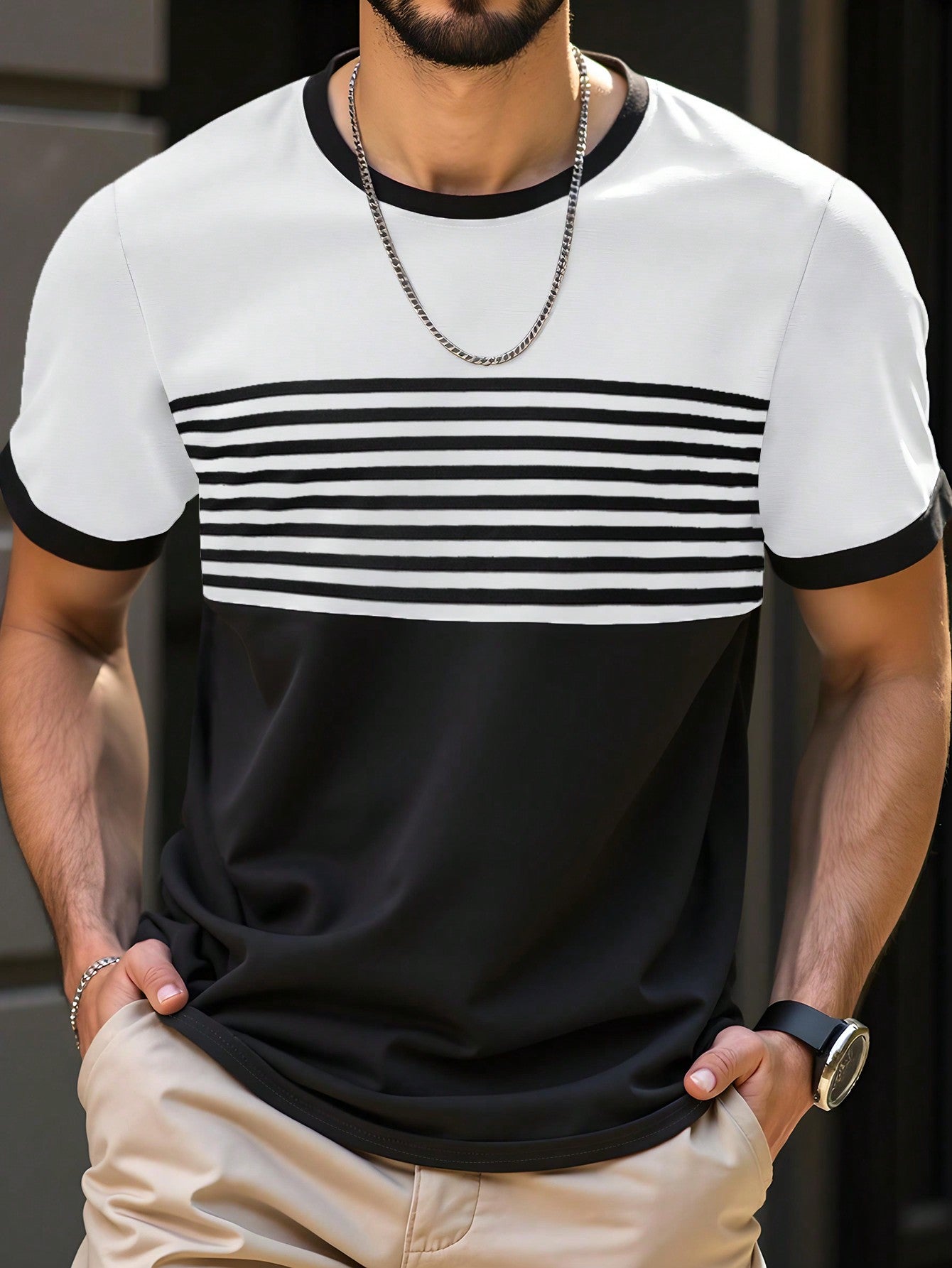 Manfinity Homme Men Fashion Color-Block Striped Short Sleeve T-Shirt, For Going Out, For Friends