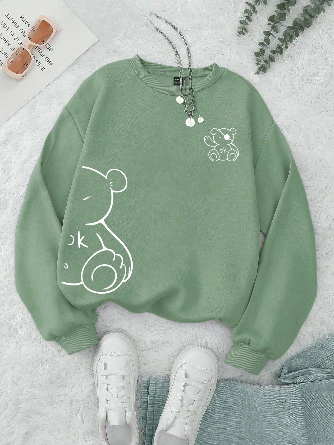 INAWLY Cartoon Graphic Thermal Lined Sweatshirt,Long Sleeve Tops