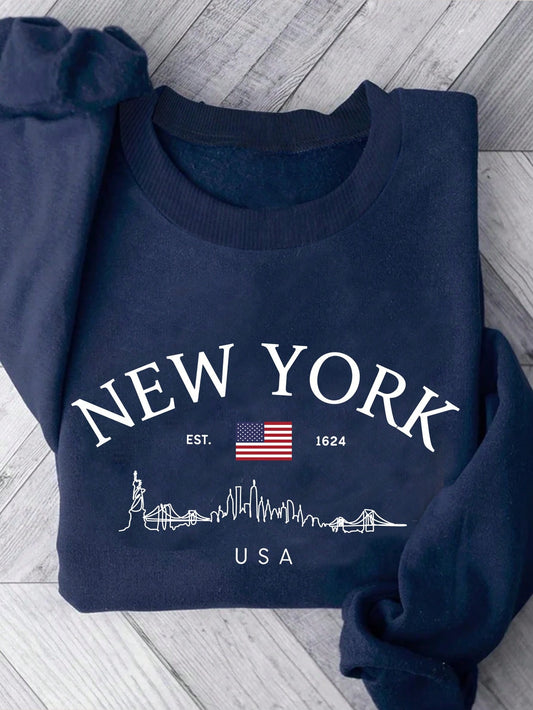 INAWLY New York Flag 1624 Print Round Neck Sweatshirt For Women