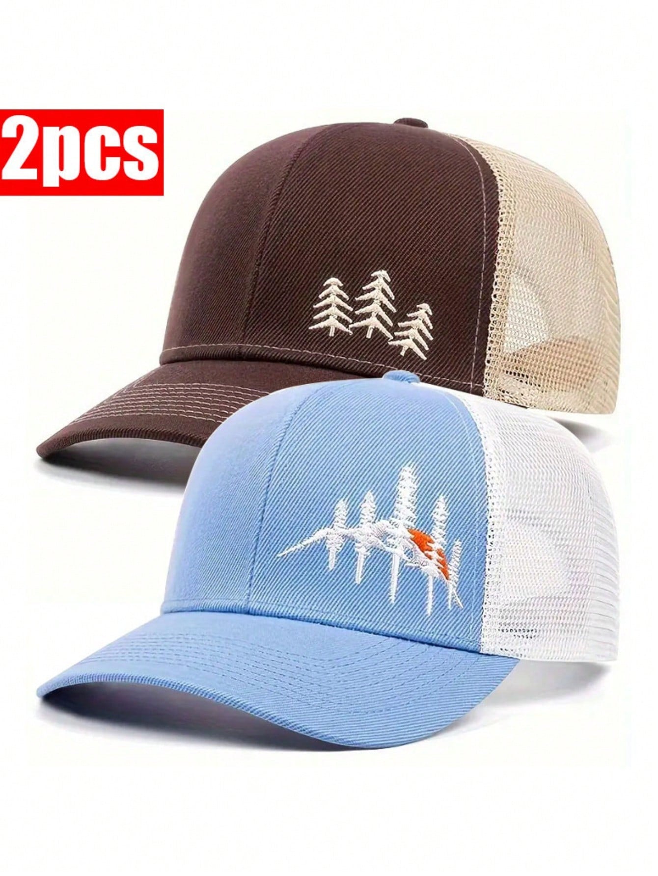 2pcs Unisex Baseball Hat Pine Tree Embroidery Trucker Hat, Suitable For Outdoor, Street, Mountaineering, Vacation, Travel, Gift Giving