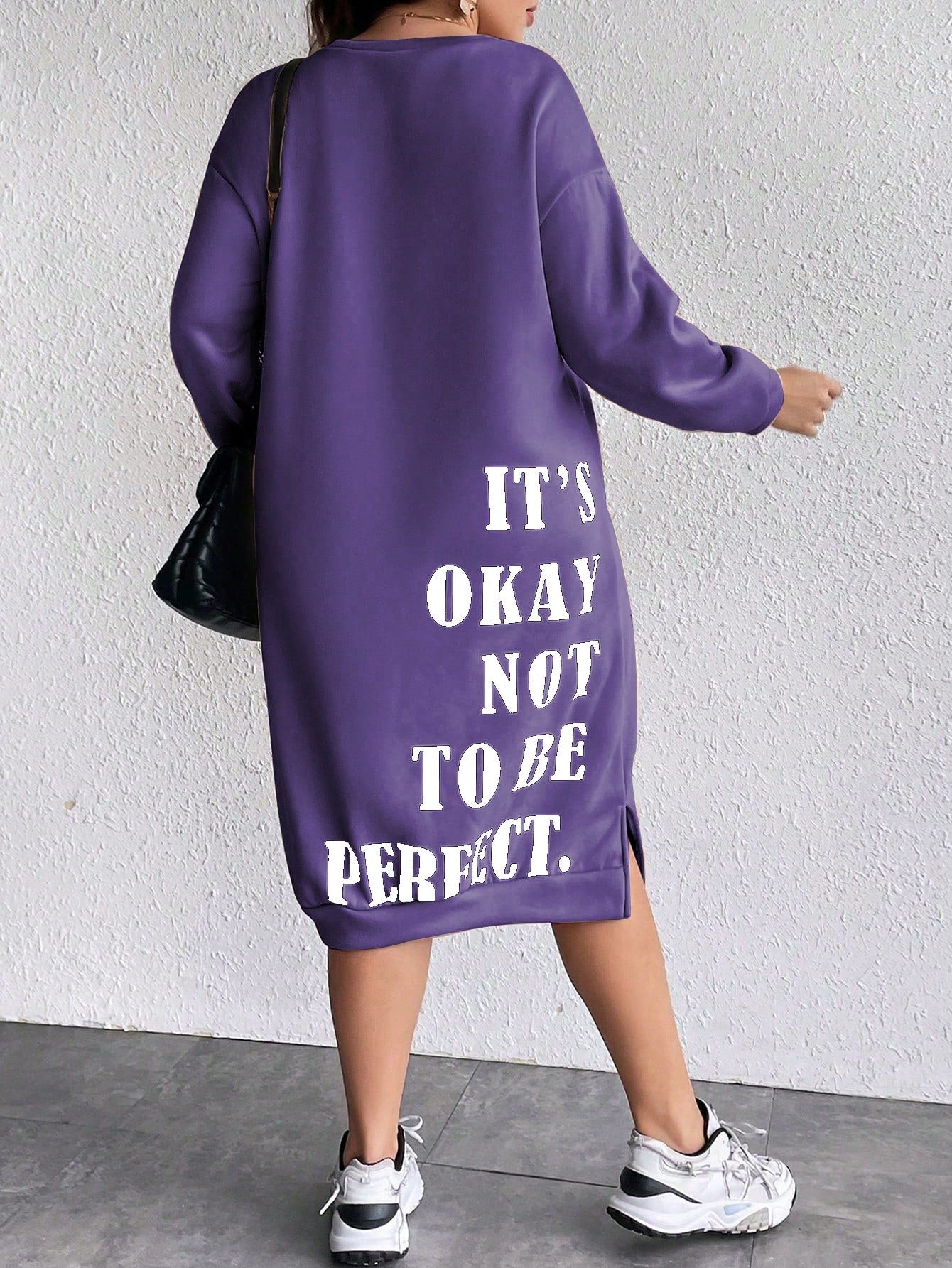 Women's Plus Size Slogan Printed Slit Drop Shoulder Sweatshirt Dress