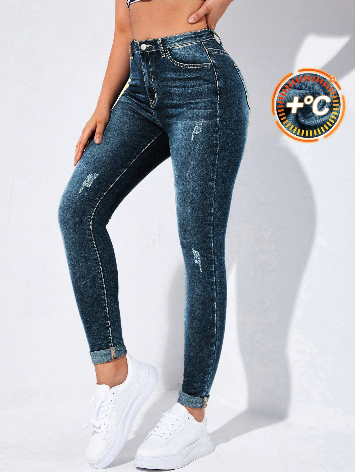 EZwear High-Waisted Button-Embellished Skinny Stretch Distressed Y2K Jeans