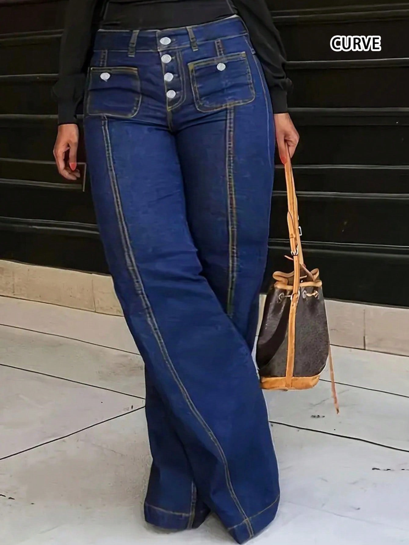 2024 Plus Size Women's Casual Loose Fit Multi-Button Wide-Leg Jeans