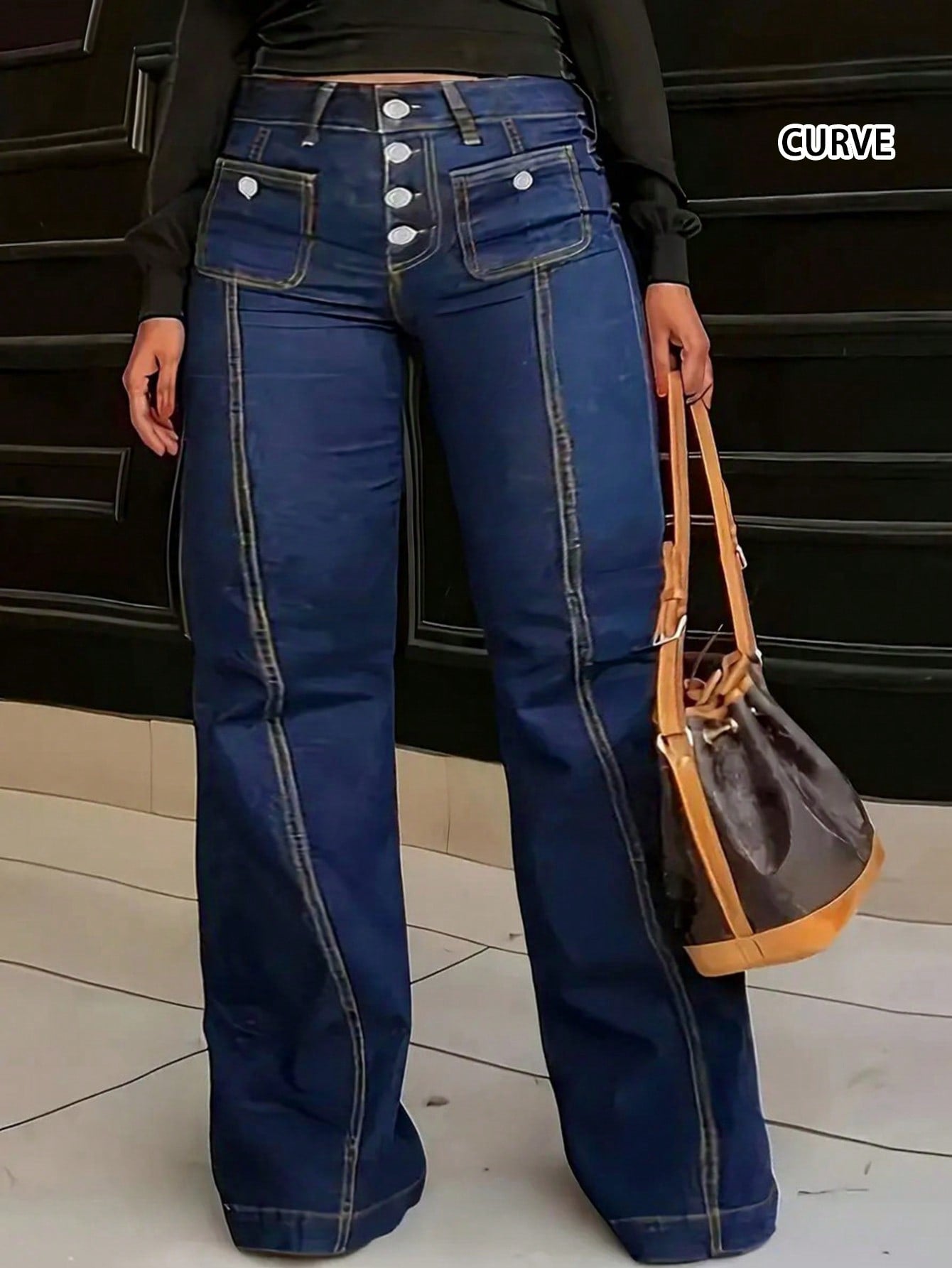 2024 Plus Size Women's Casual Loose Fit Multi-Button Wide-Leg Jeans